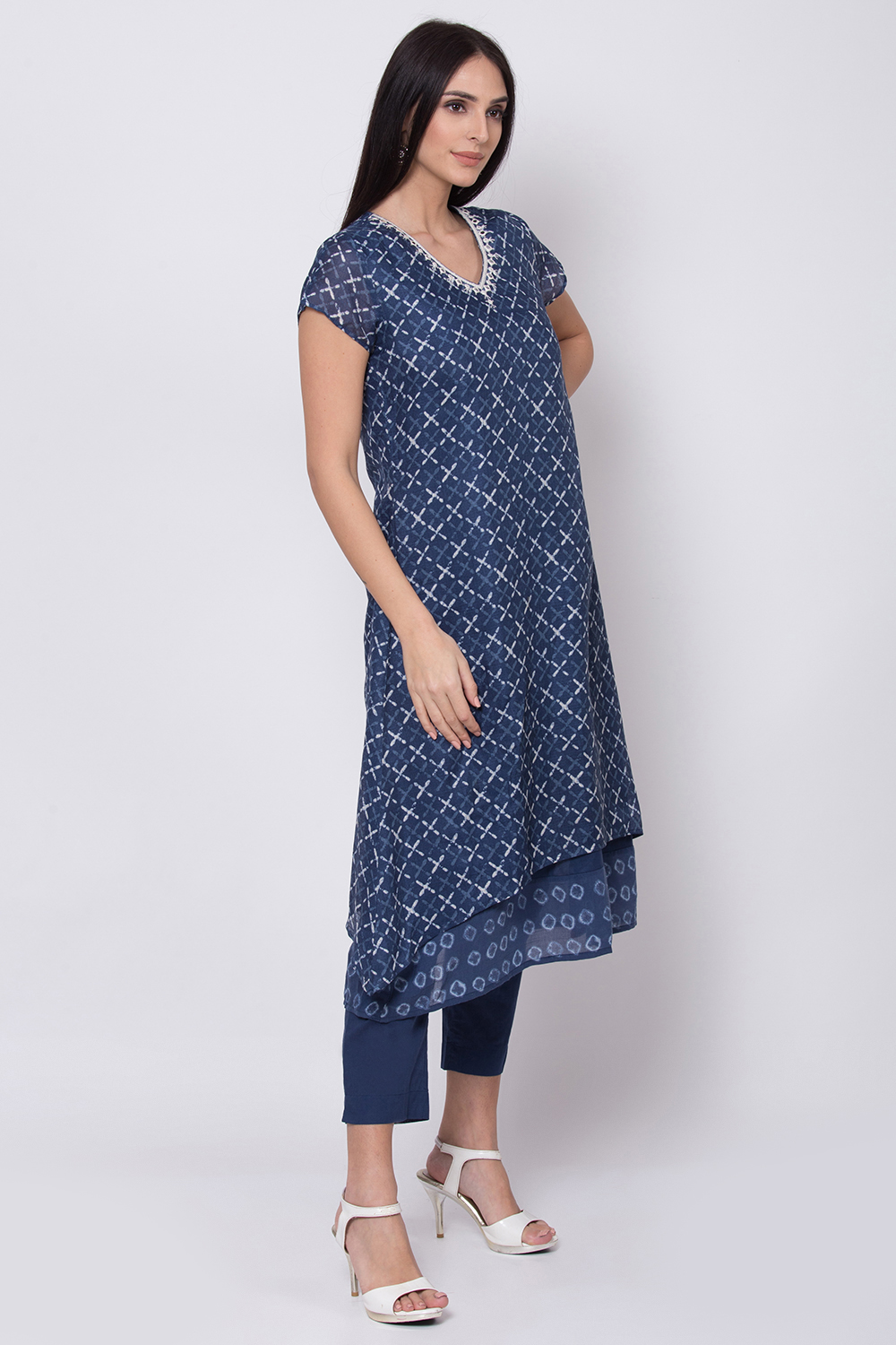 Blue Art Silk A-Line Kurta Slim Pant Suit Set image number 5