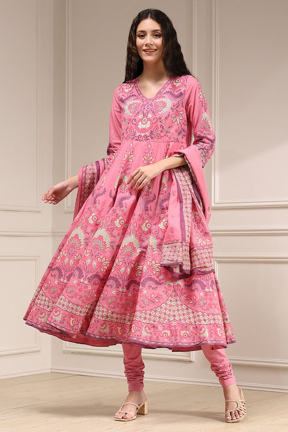 Light Pink Cotton Printed Anarkali Suit Set image number 0