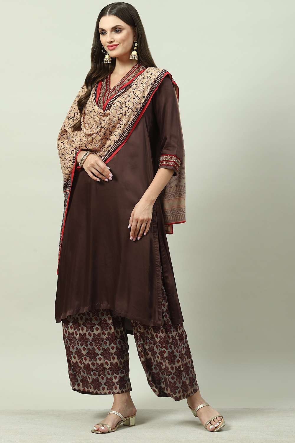 Brown Viscose Straight Kurta Palazzo Suit Set image number 5