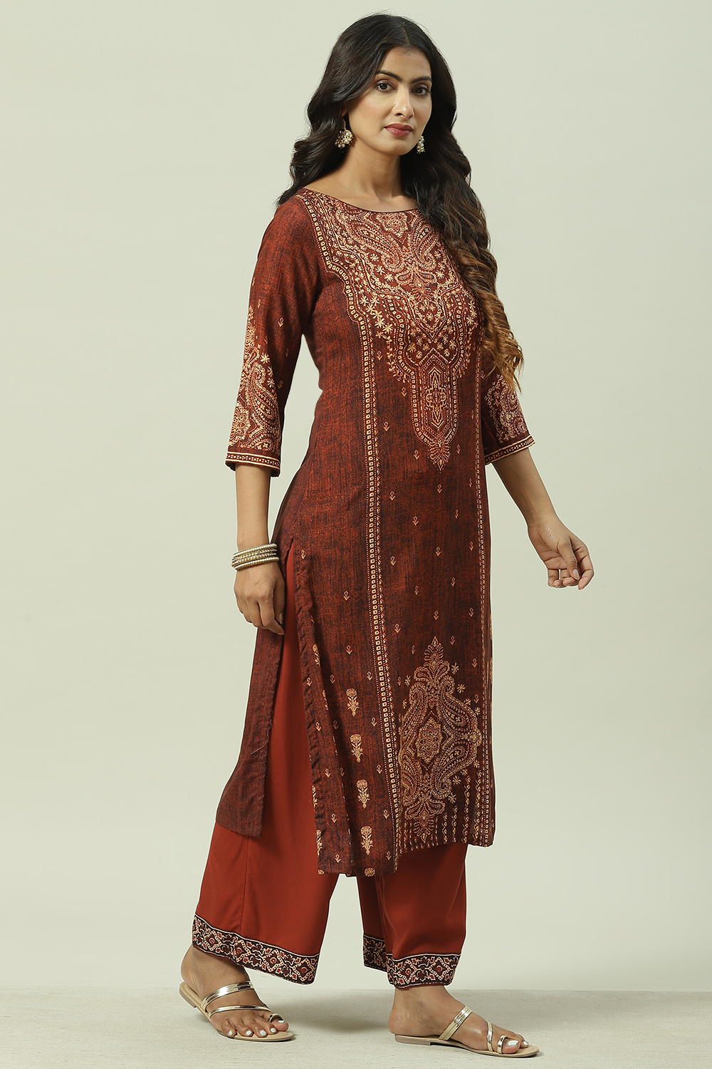 Brown Rayon Straight Printed Kurta image number 3