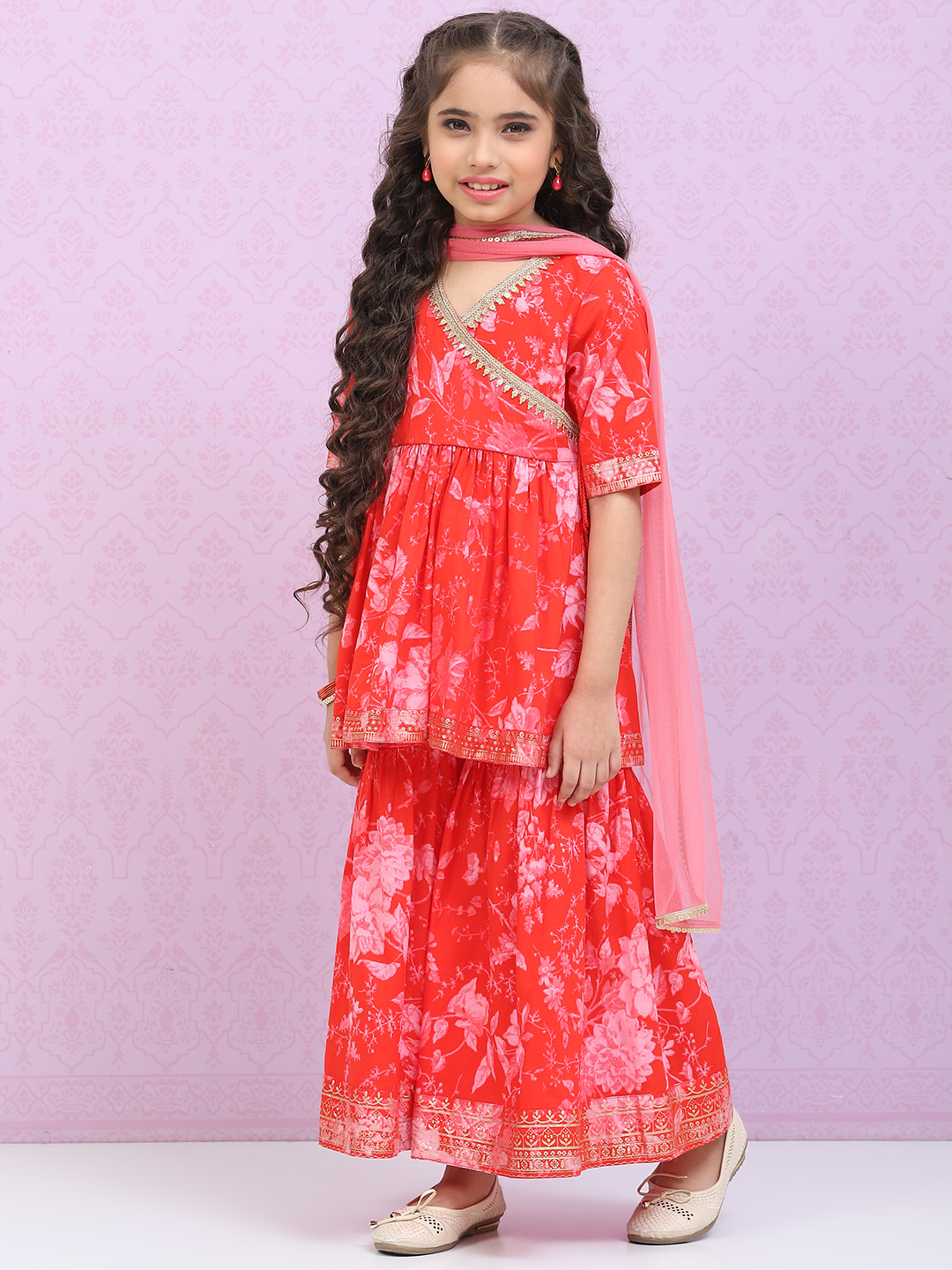 Coral Red Cotton Straight  Kurta Palazzo Suit Set image number 5