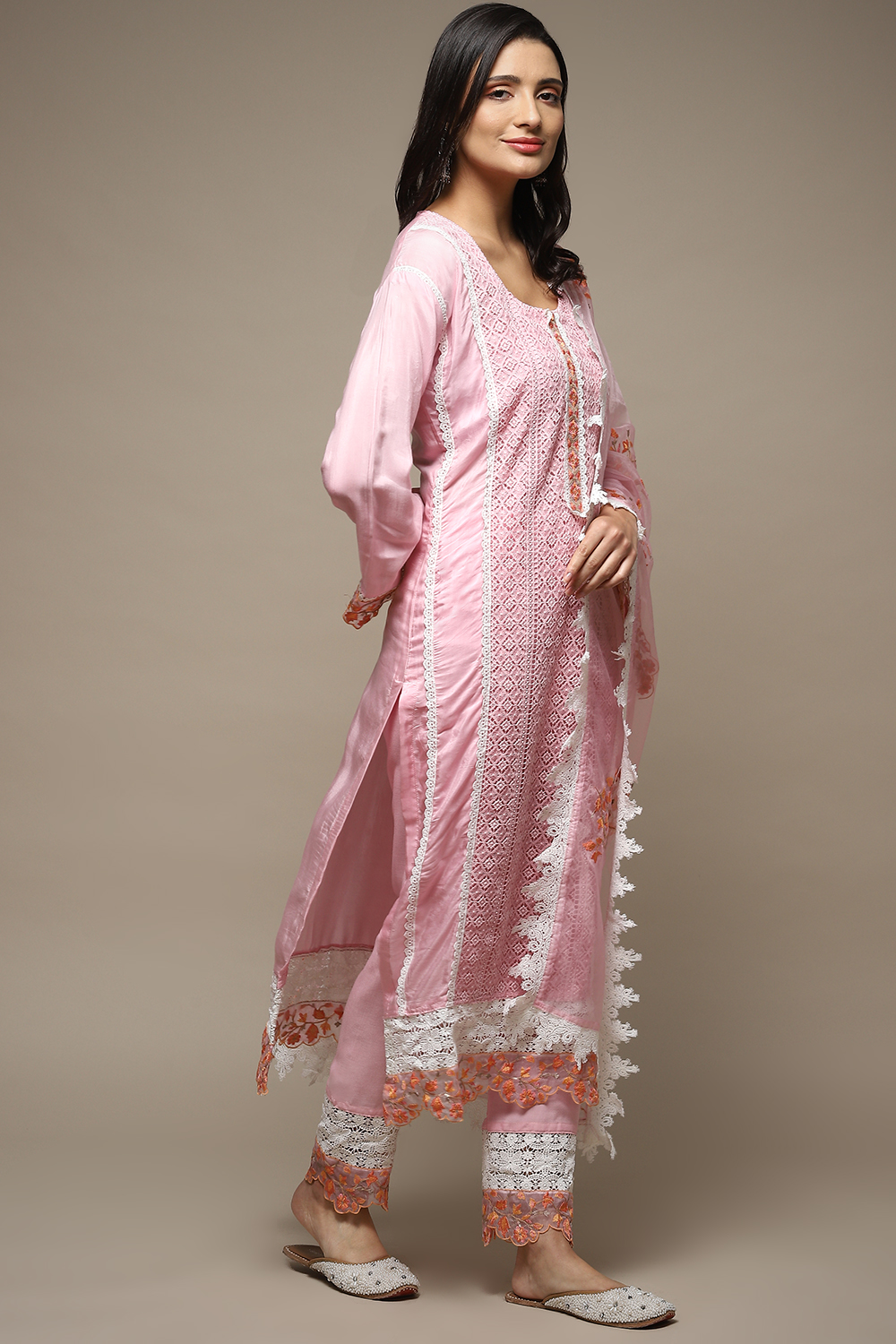 Light Pink Muslin Lace Unstitched Suit Set image number 7