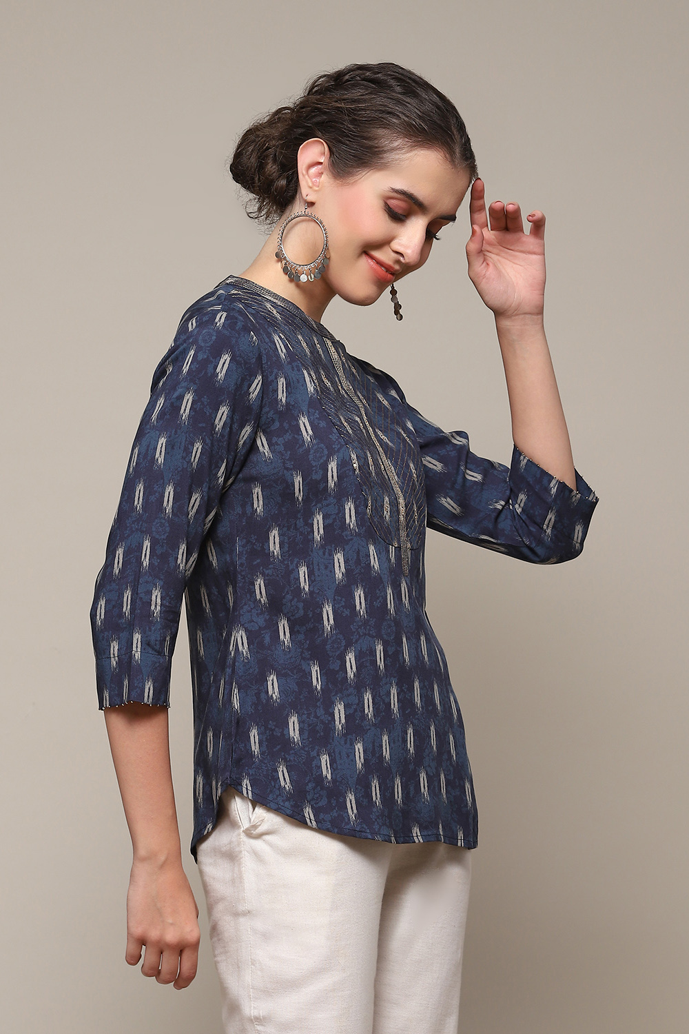 Navy LIVA Straight Printed Kurti image number 3