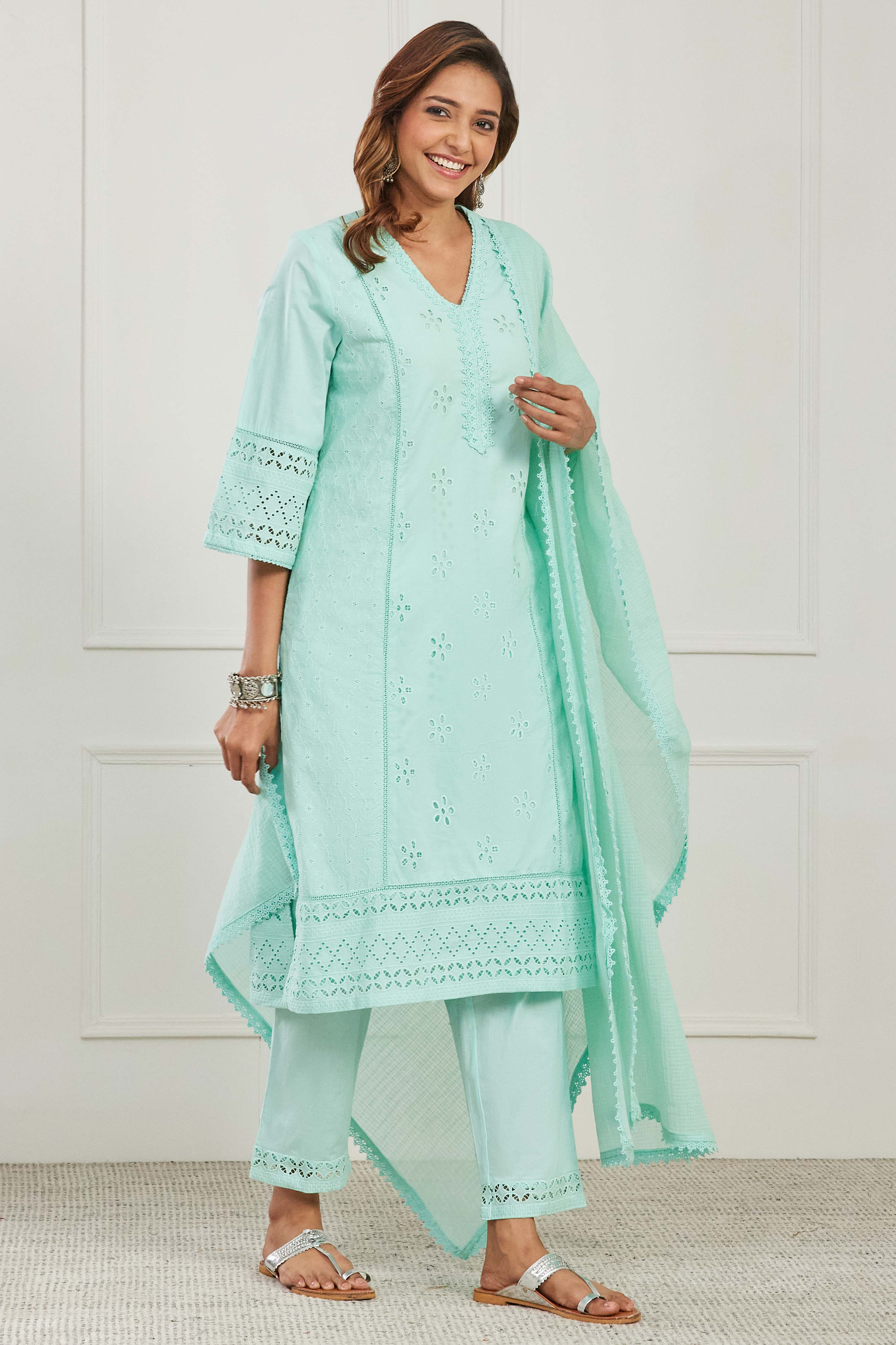 Blue Cotton Straight Suit Set image number 6