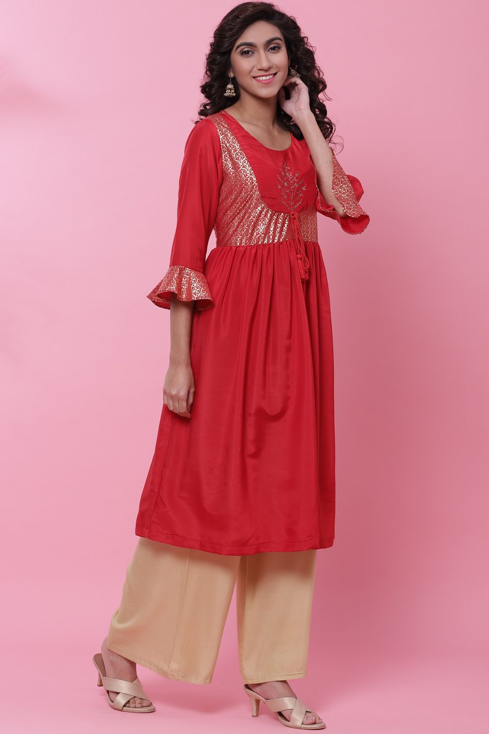 Red Art Silk Flared Kurta image number 3