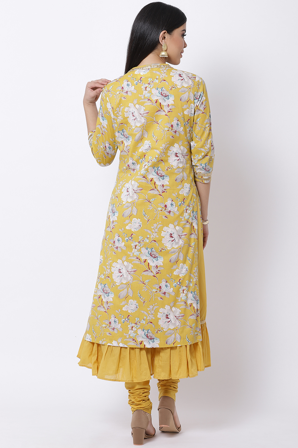 Yellow Cotton Flared Kurta Churidar Suit Set image number 5