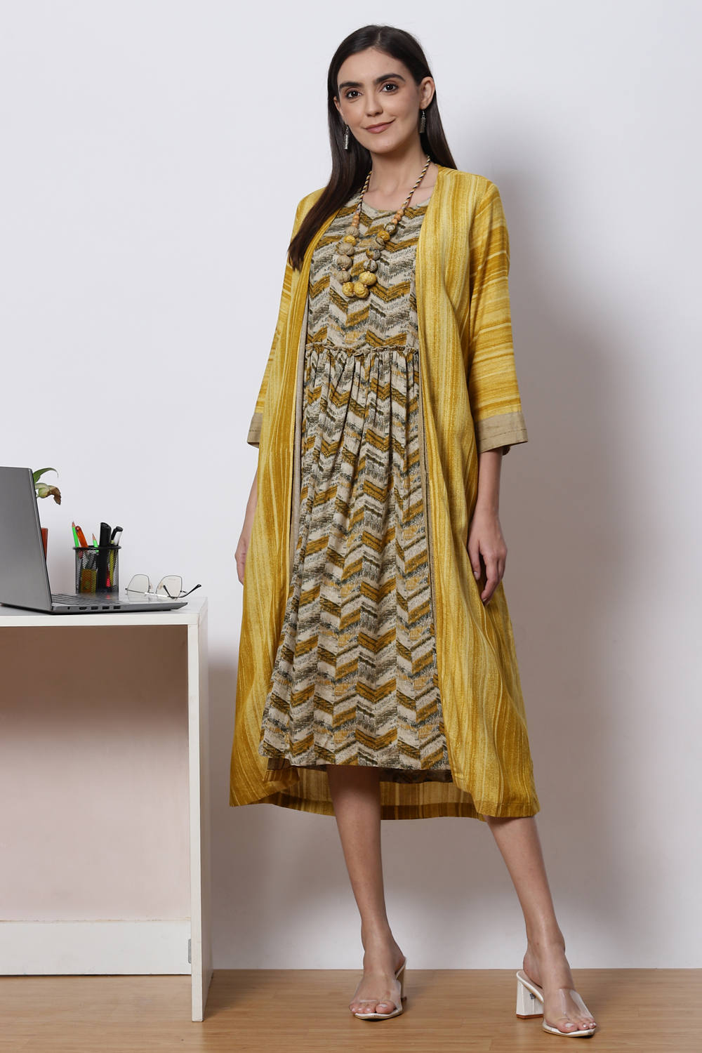 Mud Ochre LIVA A Line Printed Kurta with Jacket image number 0