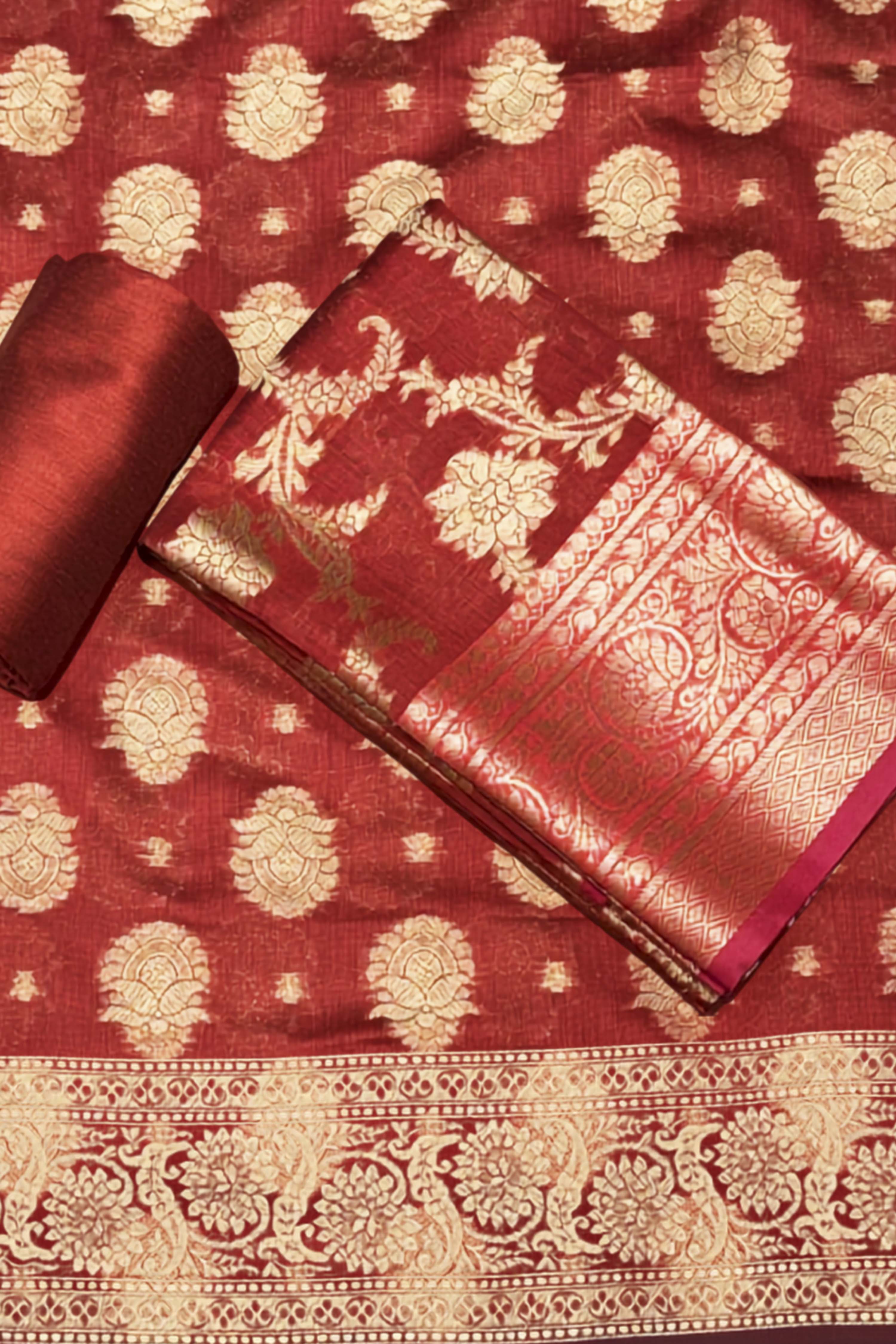 Red Chanderi Silk Printed Unstitched Suit Set image number 0