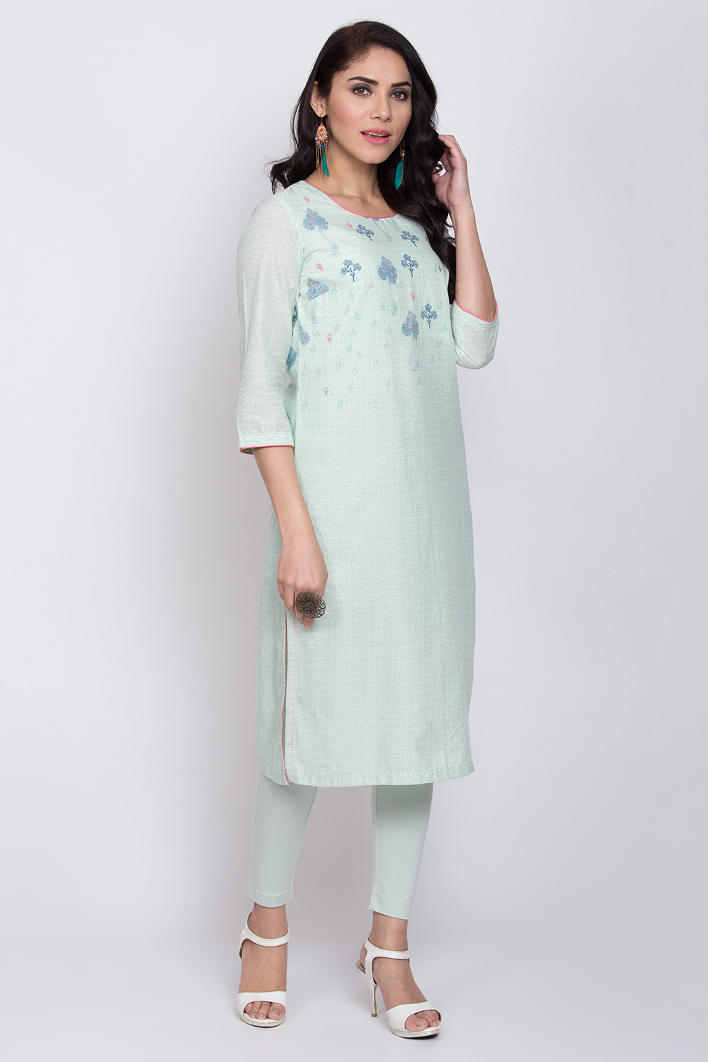 Mint Green Cotton Straight Printed Kurta image number 3