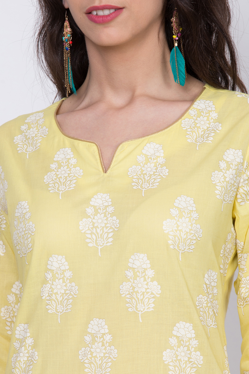 Lime Yellow Cotton Straight Printed Kurta image number 1