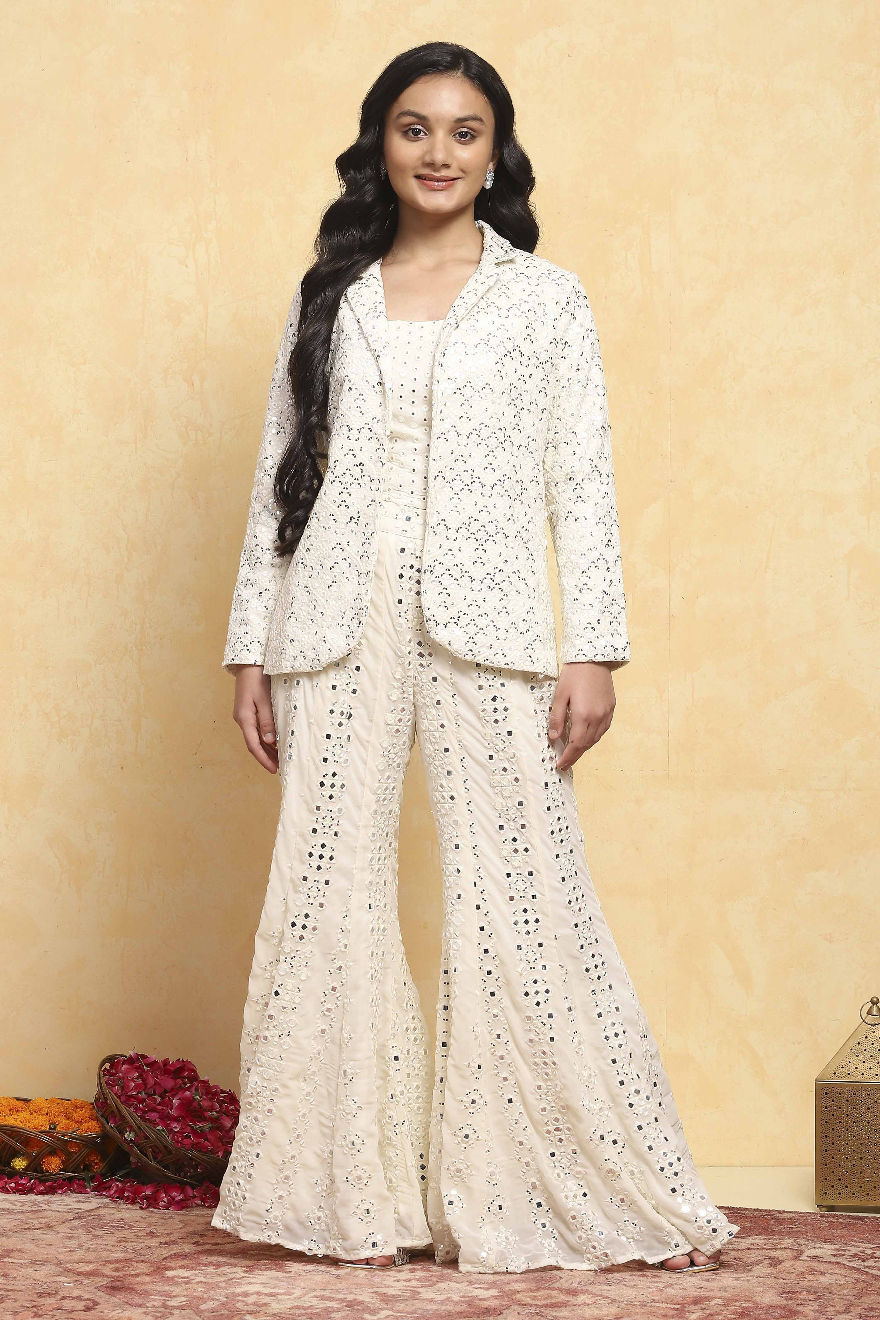 White Poly Georgette Embroidered Straight 3 Piece Set image number 6