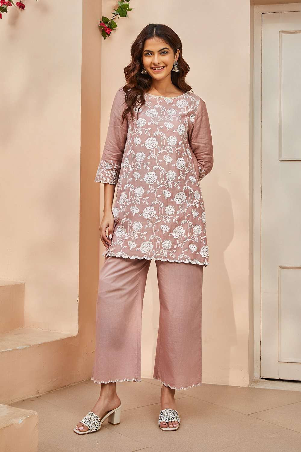 Antique Rose Polyester Blend Straight Kurta Set image number 0