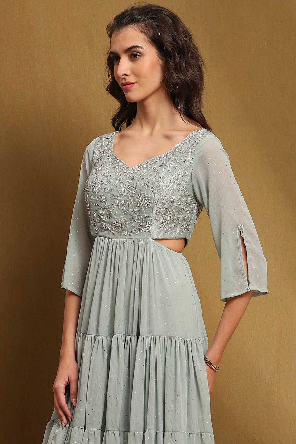 Aqua Green Poly Chiffon Embroidered Festive Tiered Dress image number 1