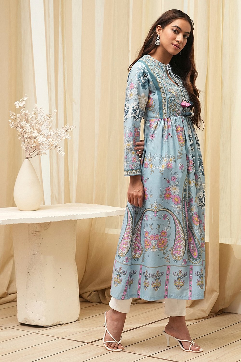Dull Blue Cotton Printed Flared Kurta image number 4
