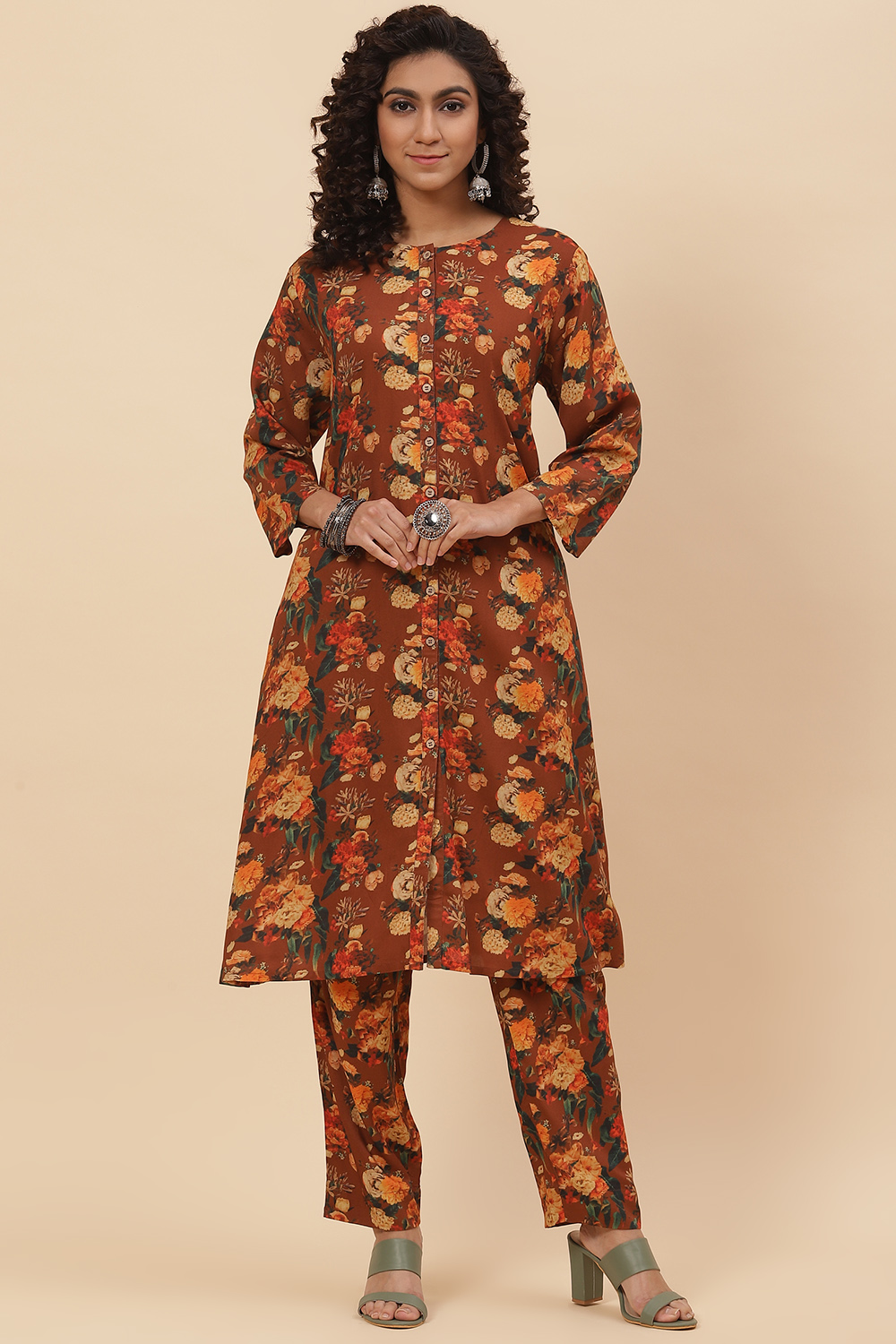 Brown Rayon Co-ord Set Kurta Relaxed Pant Suit Set image number 0