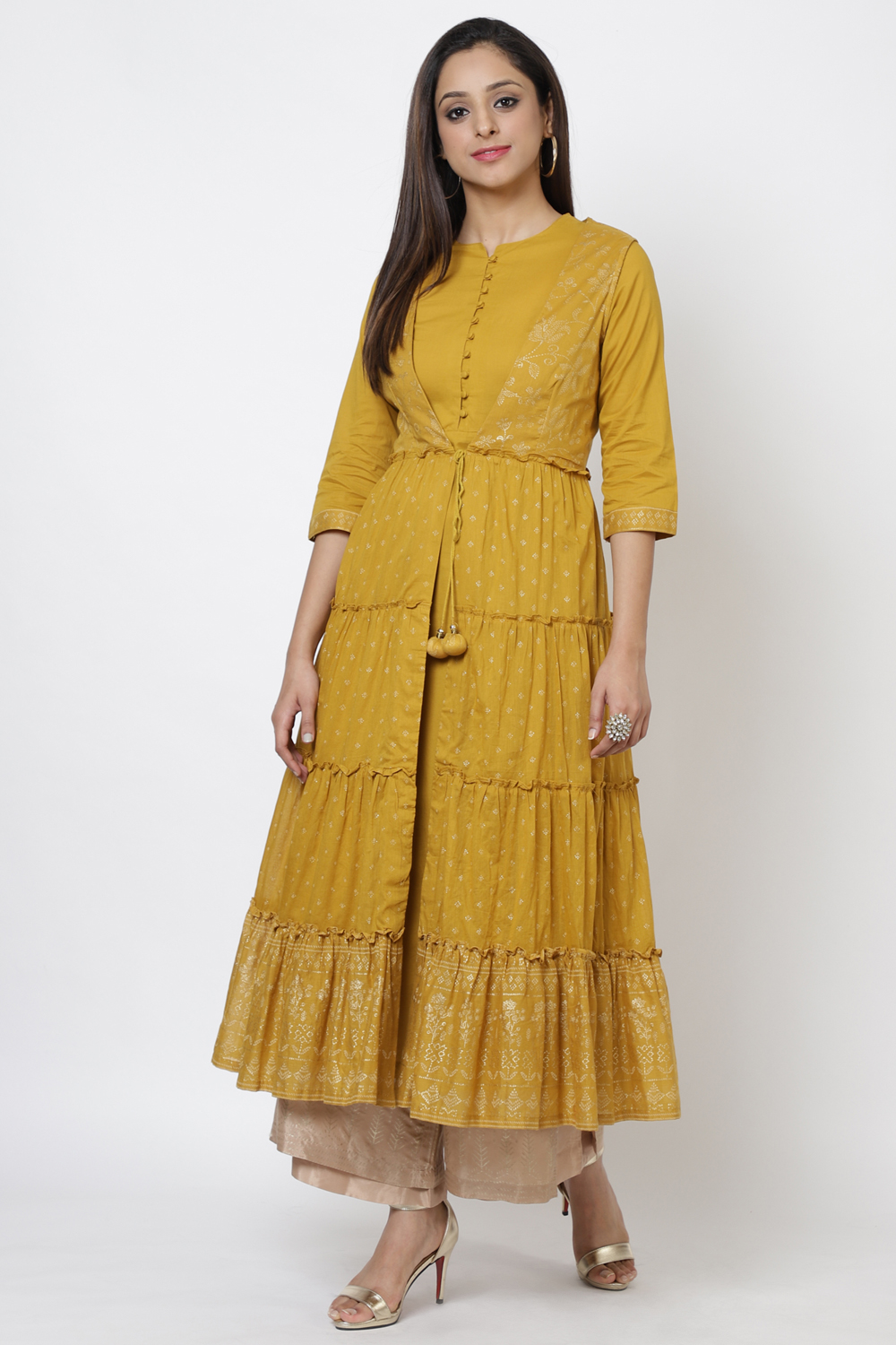 Mustard Cotton Flared Printed Kurta image number 3