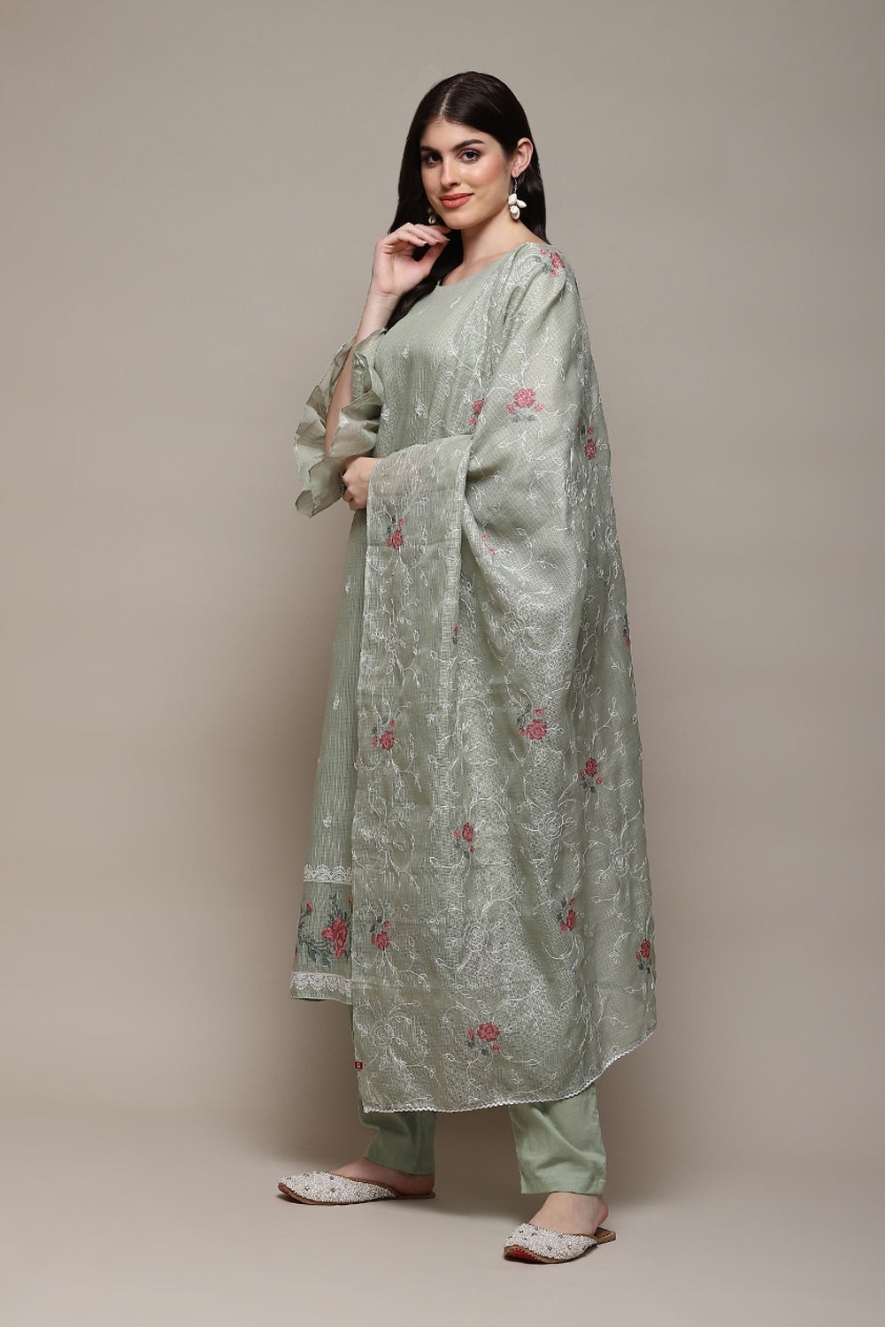 Green Cotton Blend Printed Unstitched Suit Set image number 6