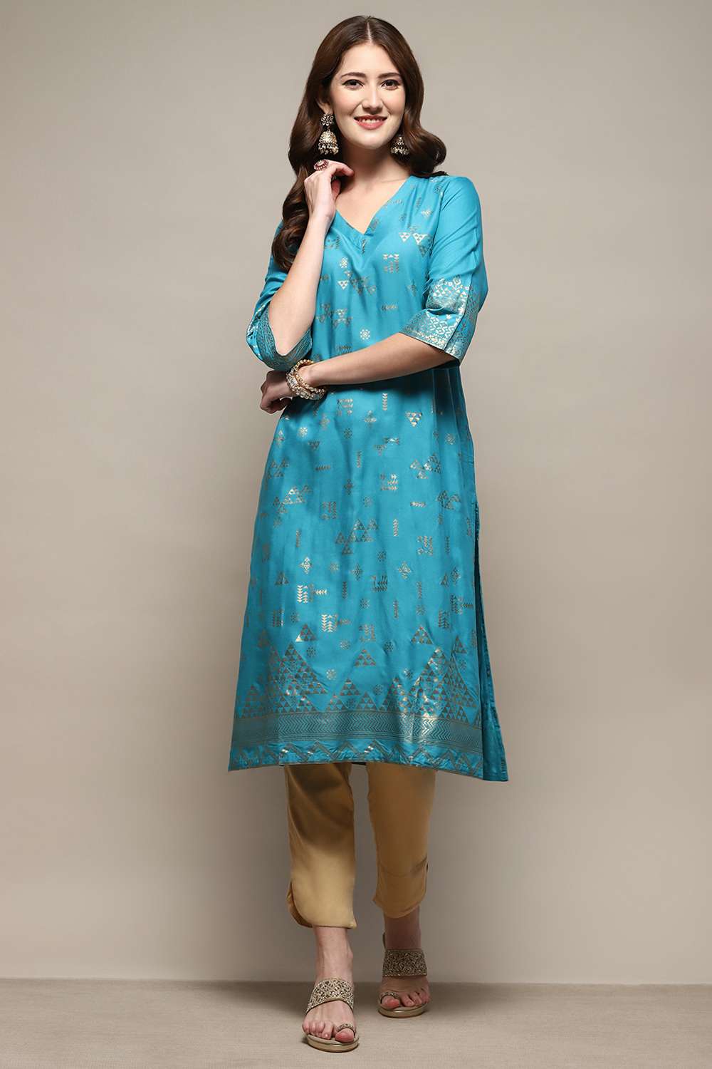 Turquoise Rayon A-Line Printed Kurta image number 5