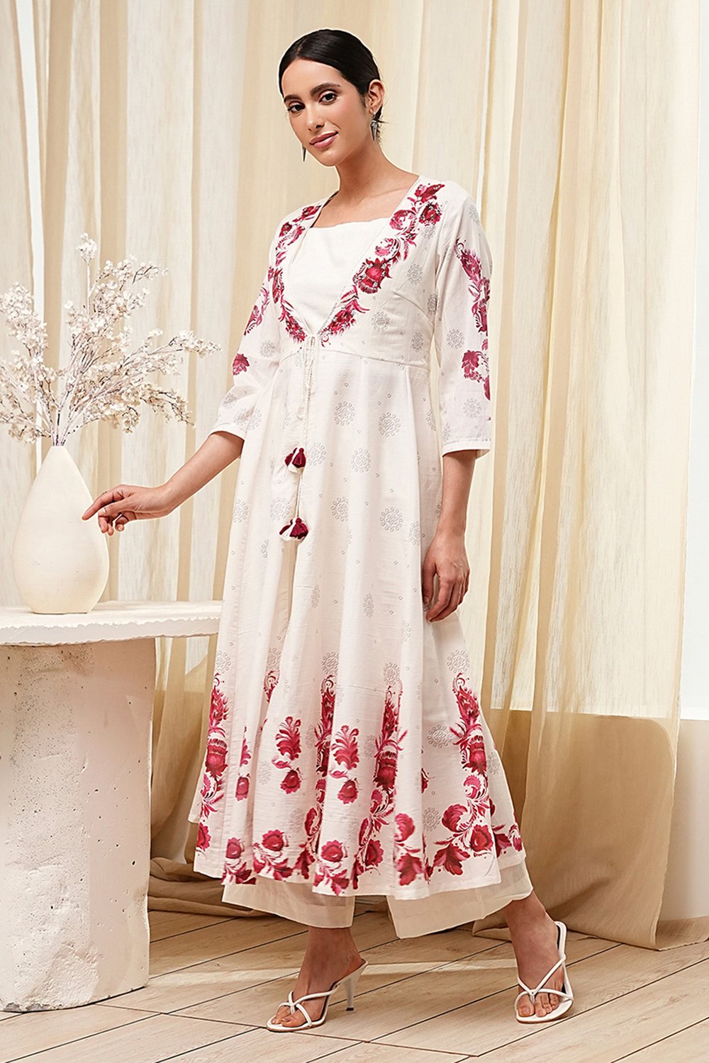 Off-White and Red Anarkali Fusion Set image number 3