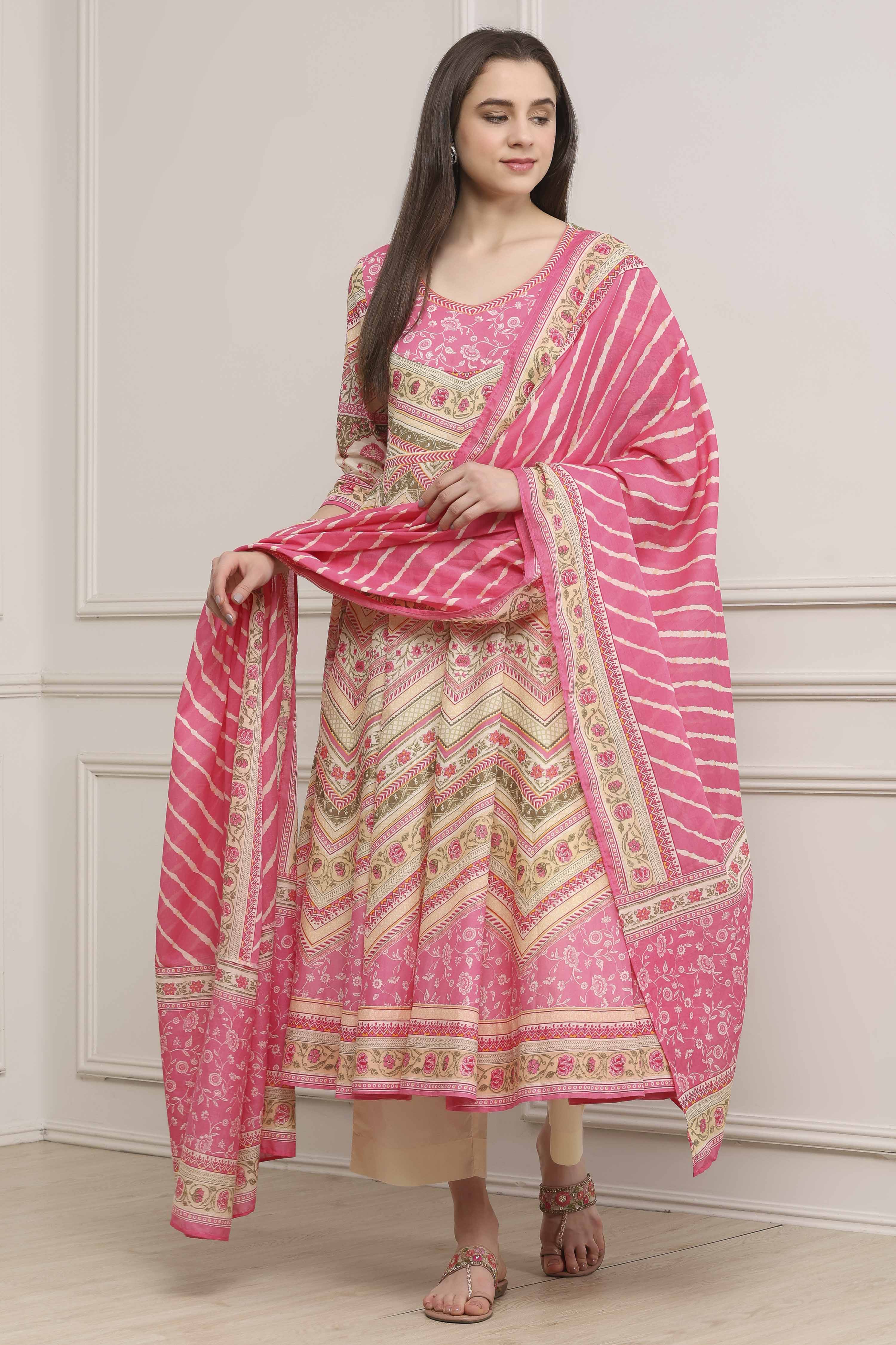 Pink Cotton Printed Anarkali Suit Set image number 0