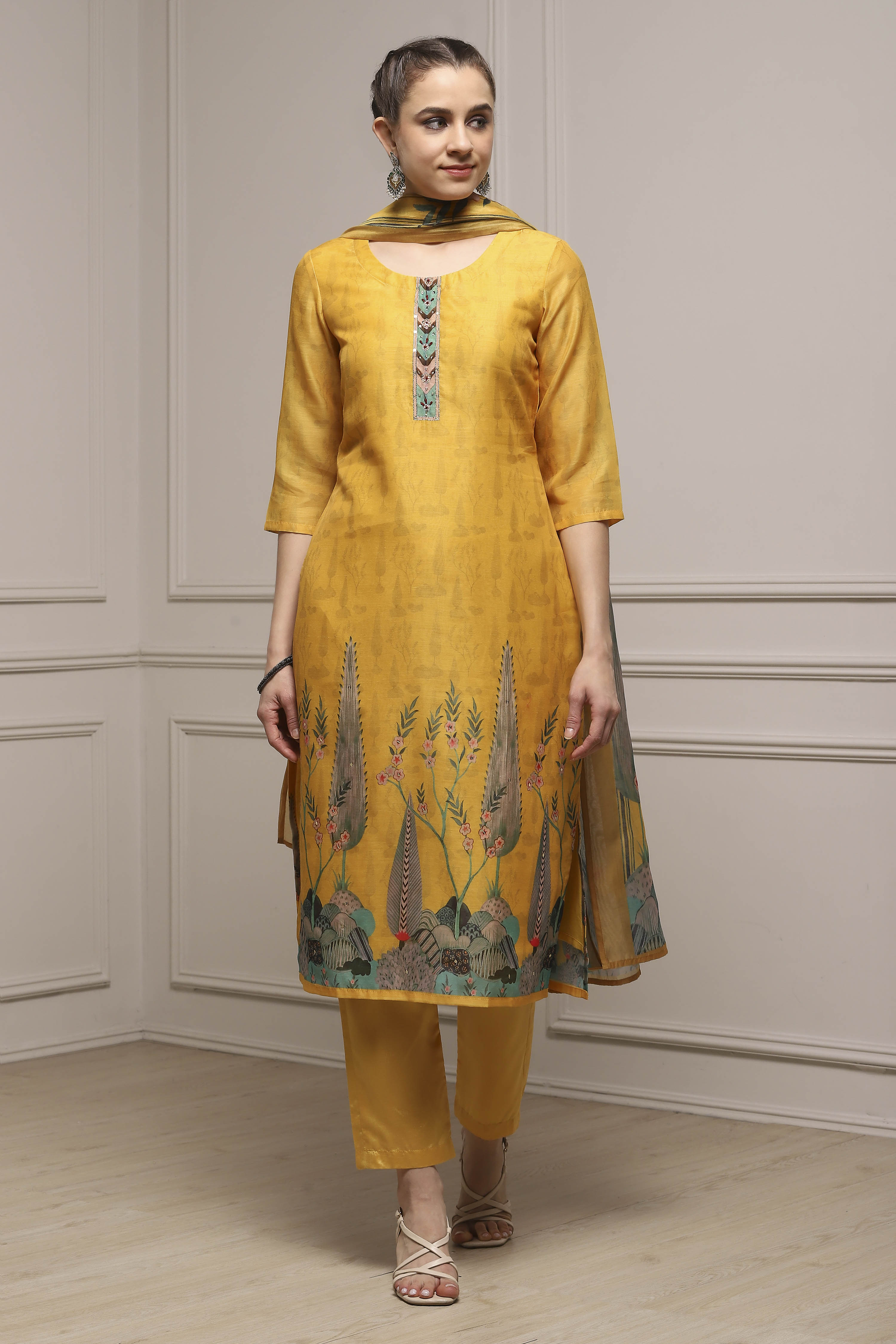 Yellow Chanderi Blend Printed Embroidered Unstitched Suit Set image number 1