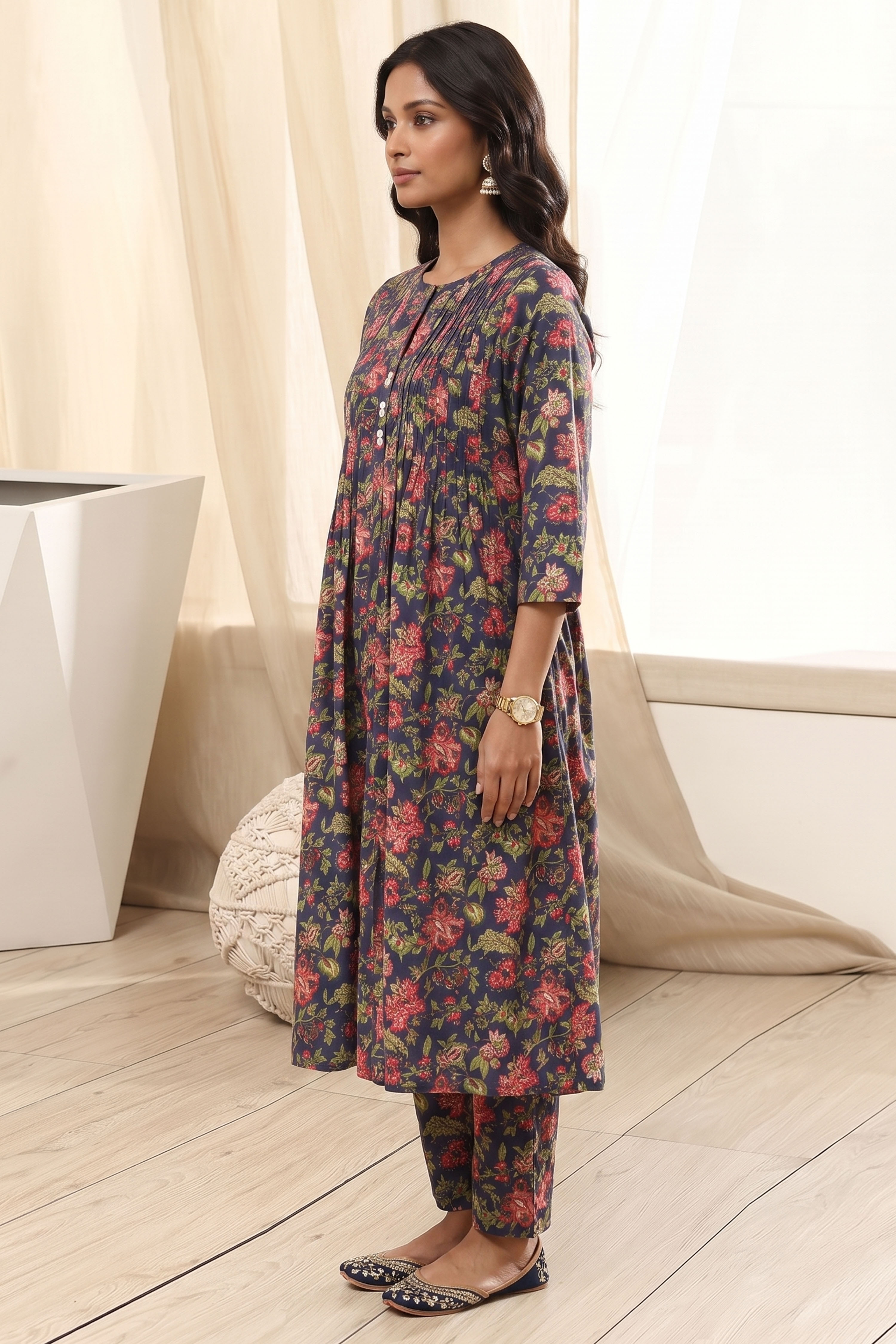Navy Cotton Straight Kurta image number 2