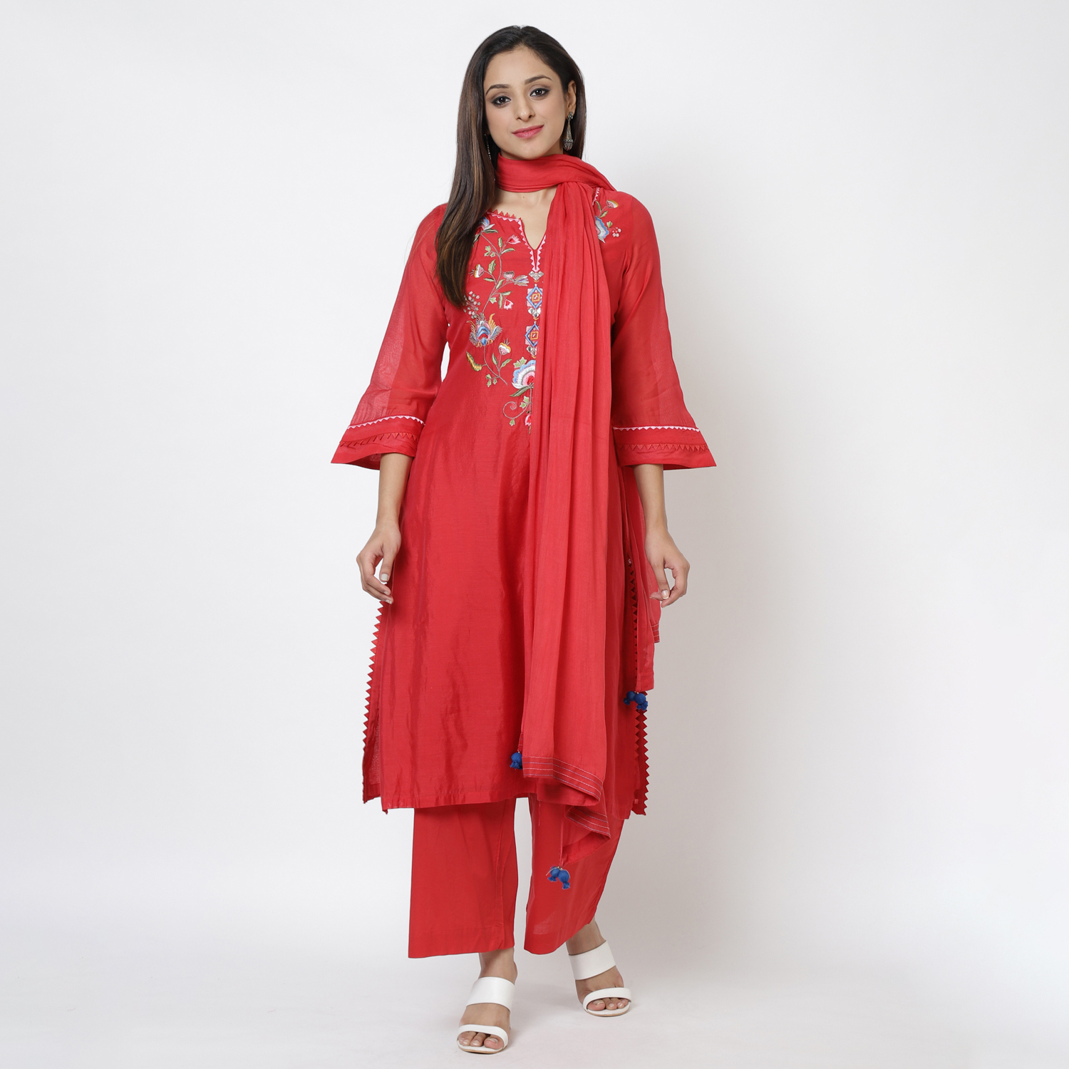 Red Poly Cotton Straight Kurta Palazzo Suit Set image number 3