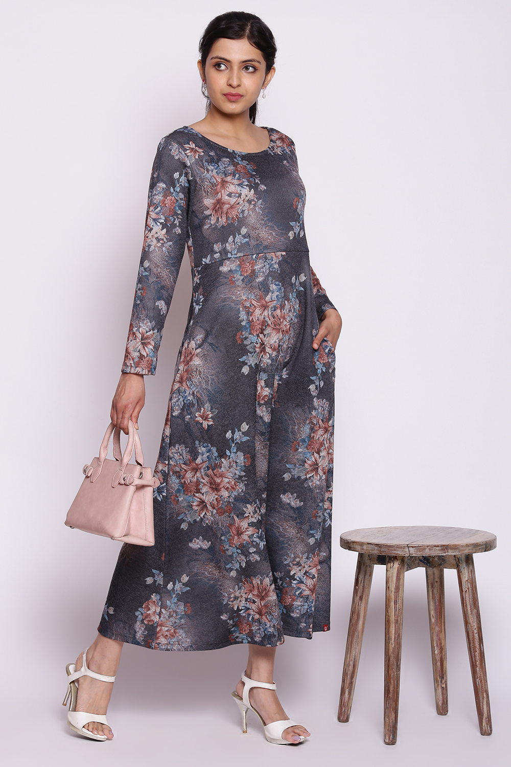 Dark Grey Floral Winter Printed Dress image number 3