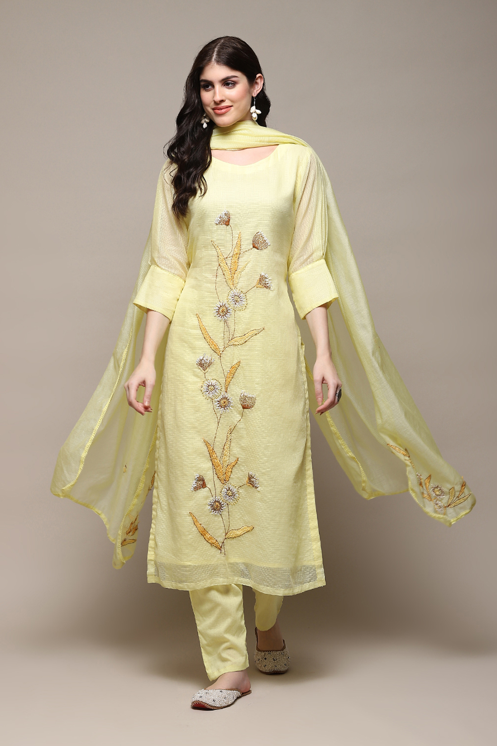 Yellow Cotton Blend Printed Unstitched Suit Set image number 1