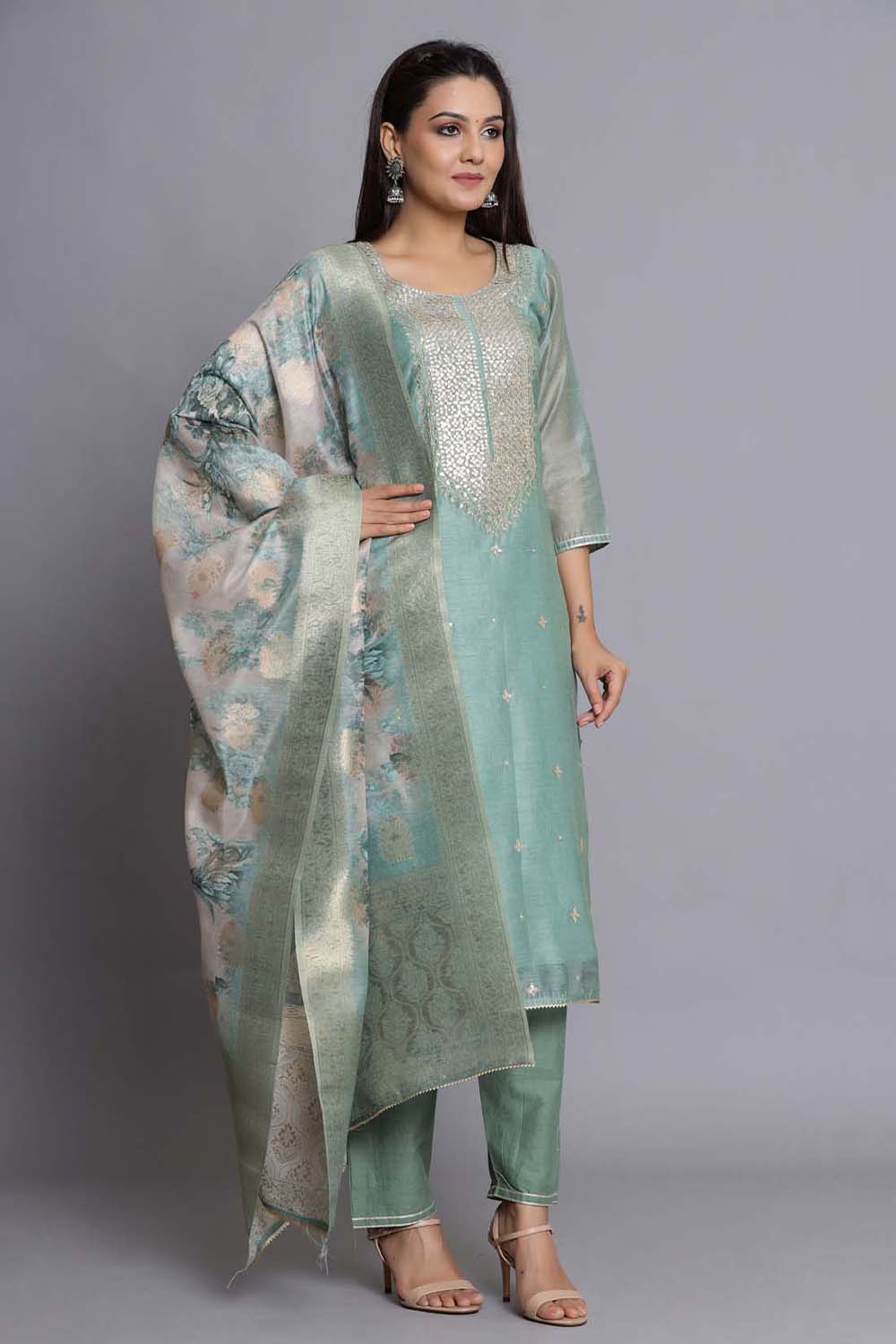 Green Unstitched dress material Suit Set image number 2