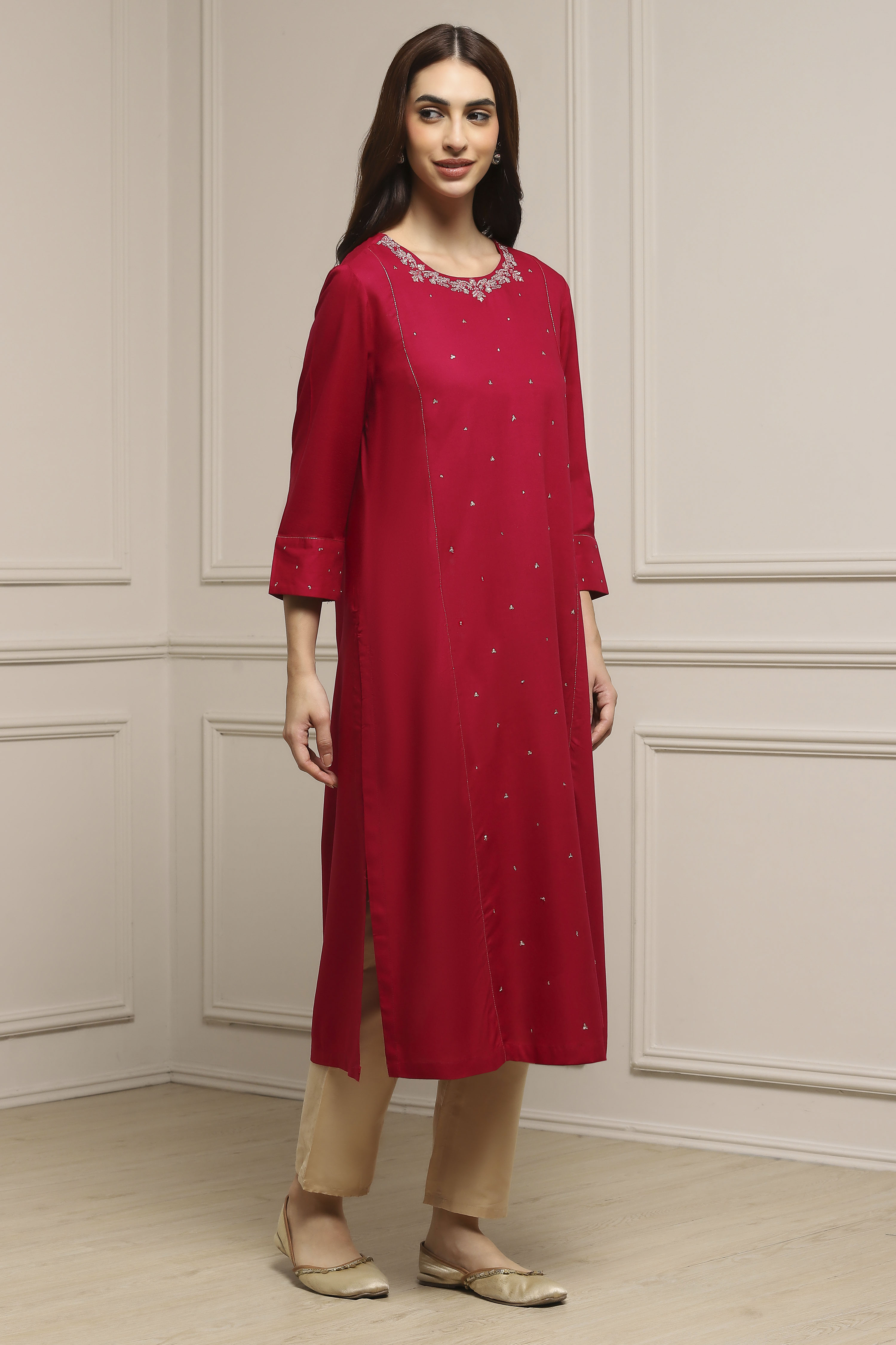 Pink Viscose Rayon Straight Dyed Kurta image number 4