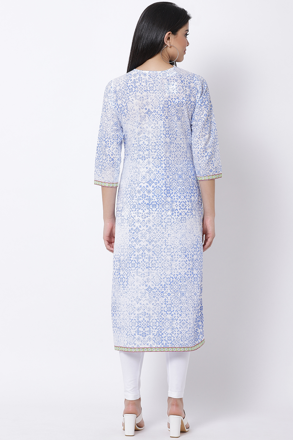 Blue Cotton Straight Printed Kurta image number 4