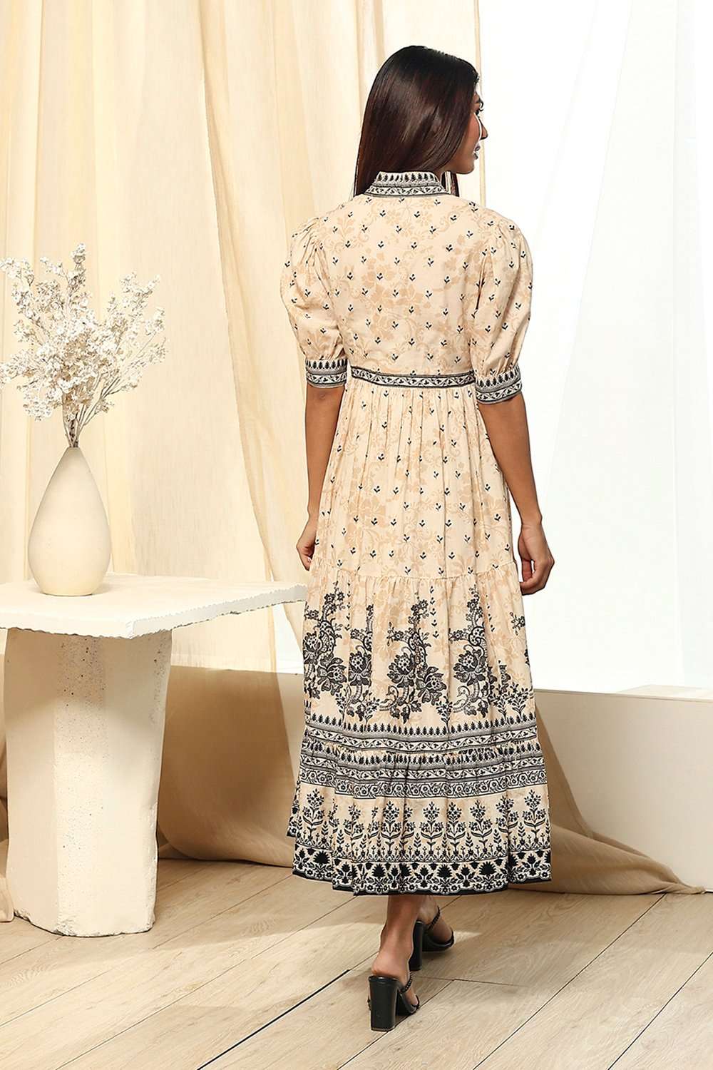 Off-White and Black Cotton Printed Tiered Dress image number 3