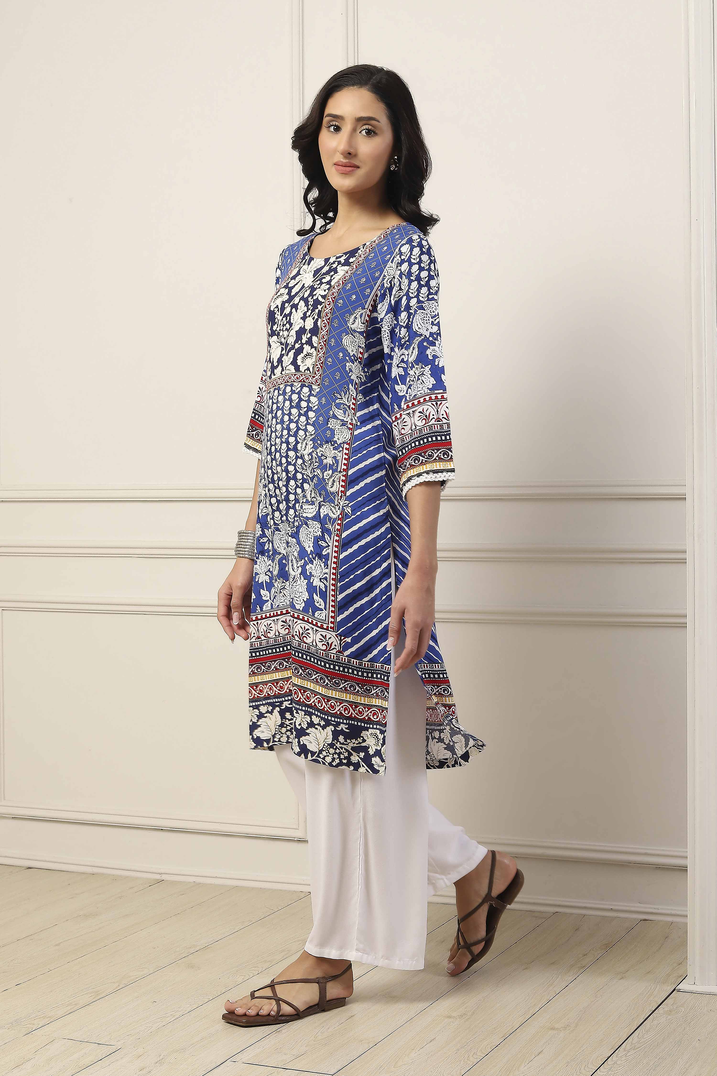 Blue Viscose Rayon Floral Printed Straight Kurta image number 2
