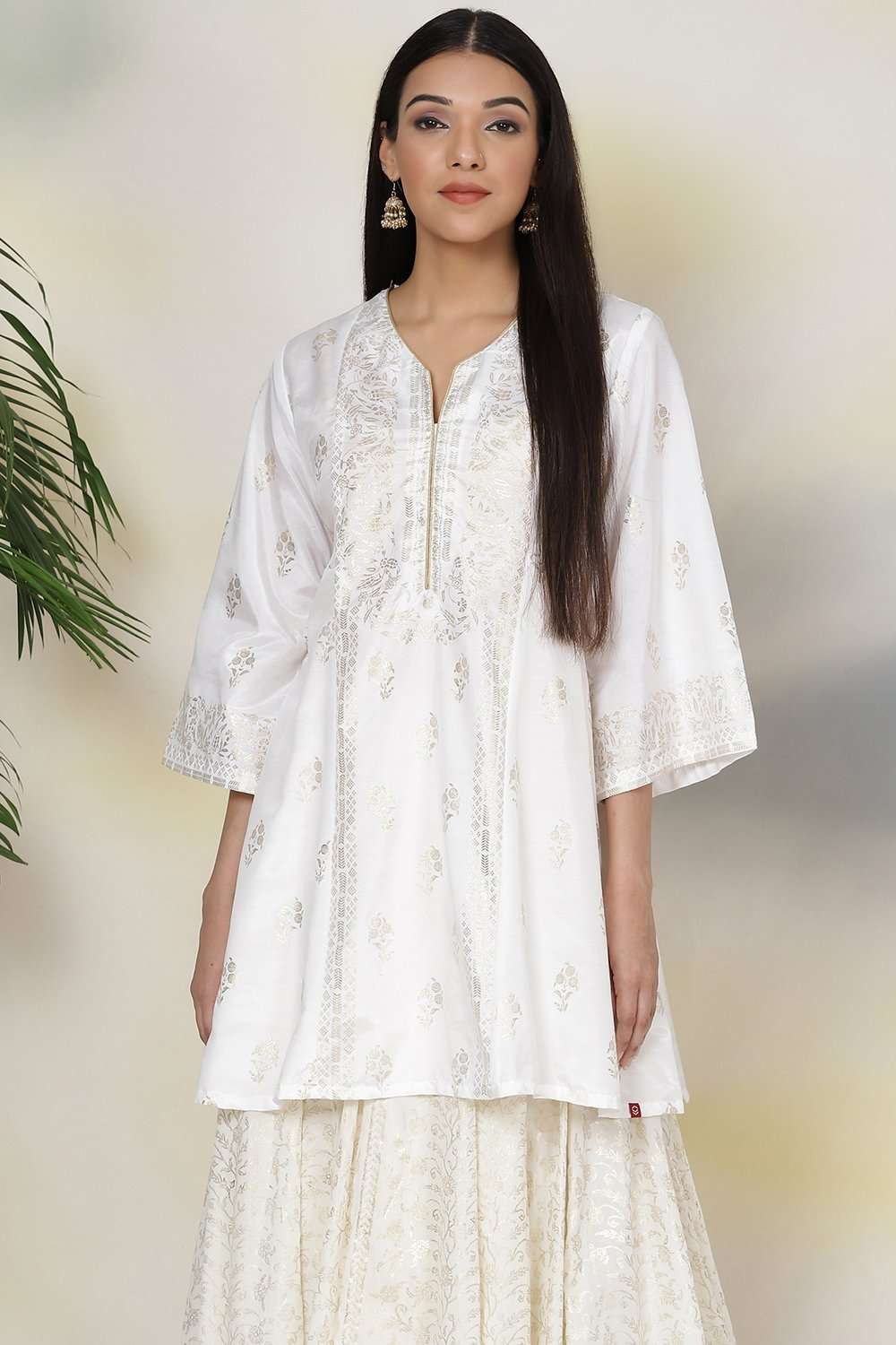 Off White Art Silk Printed Short Kurti at Biba India