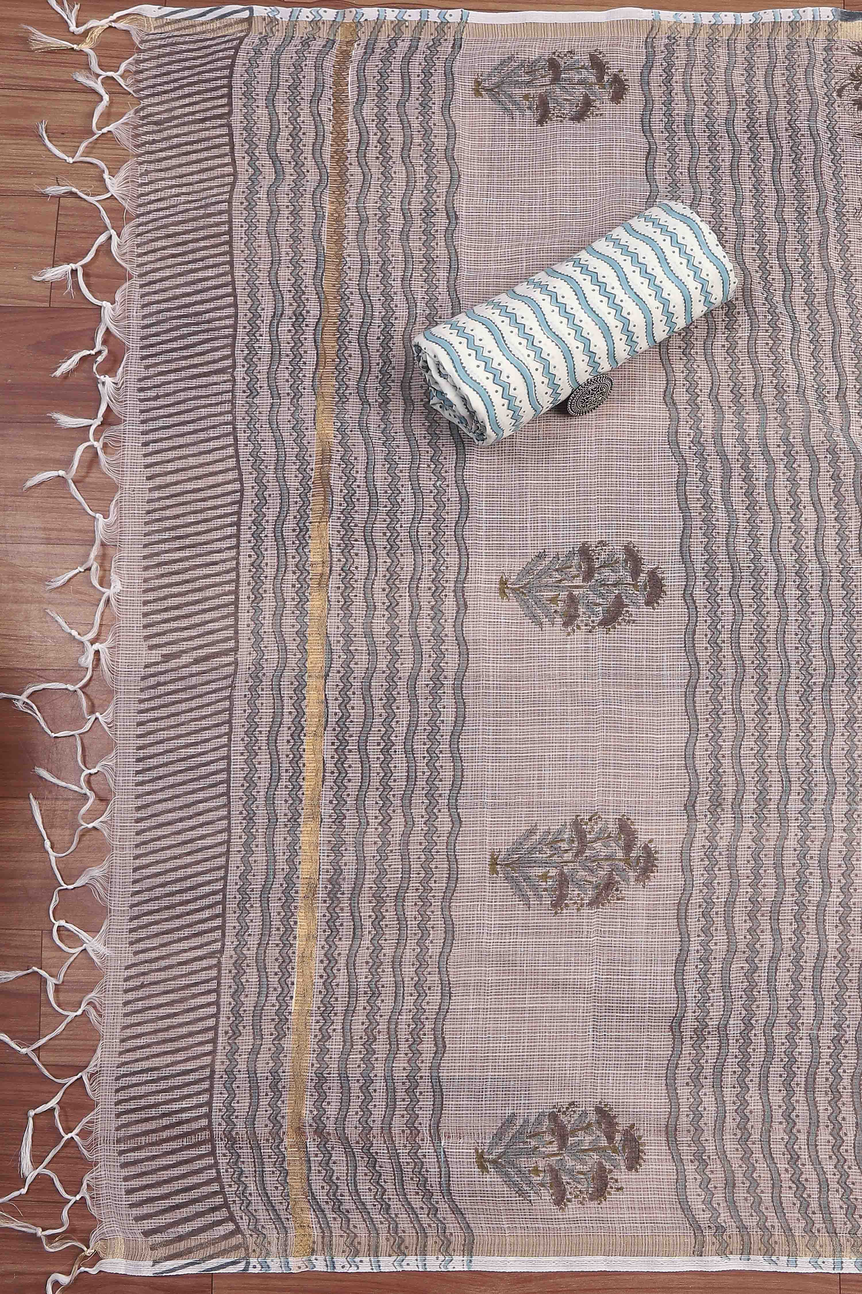 Sky Blue Cotton Hand Block Print Unstitched Suit Set image number 3