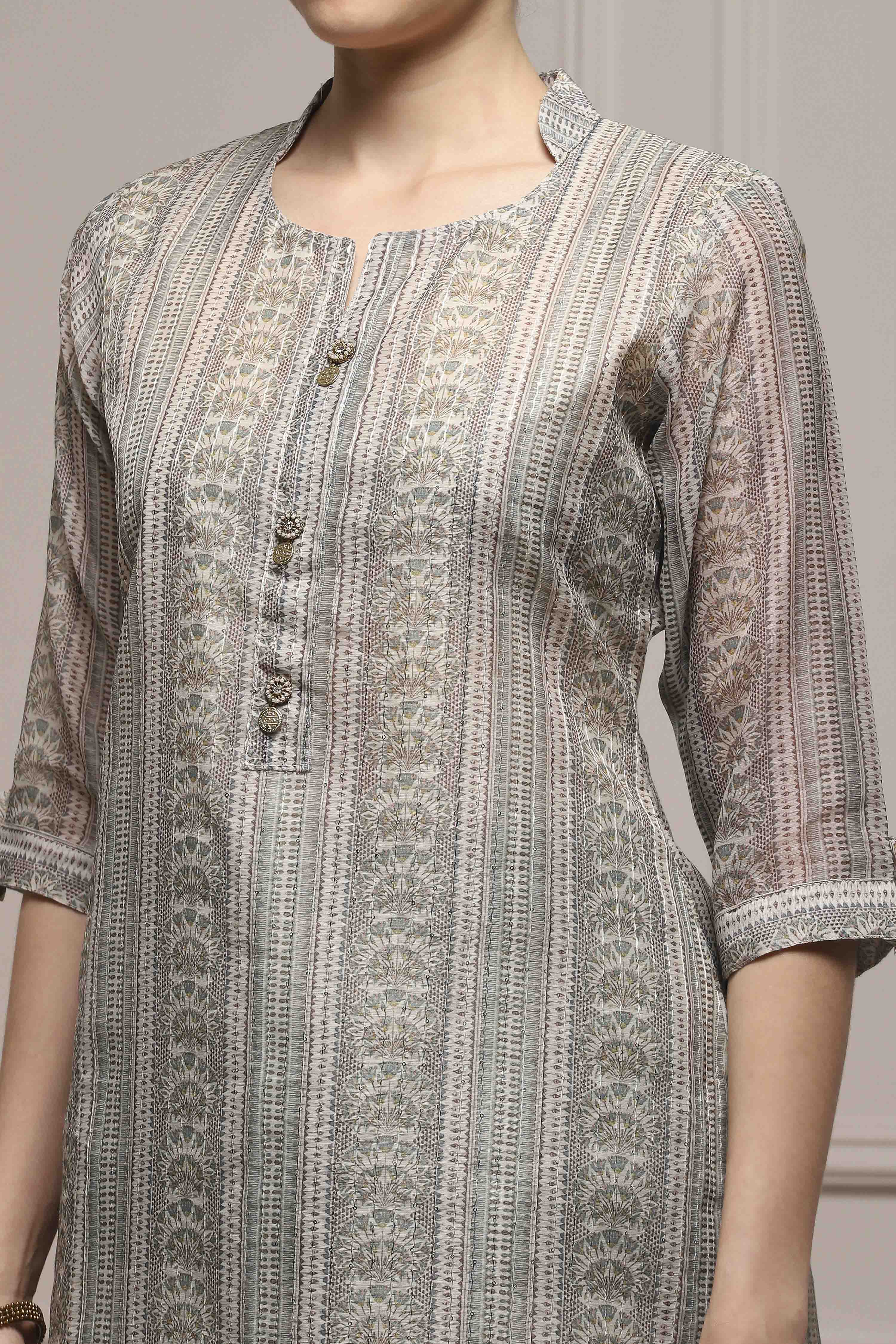 Green Silk Blend Printed Embroidered Unstitched Suit Set image number 2