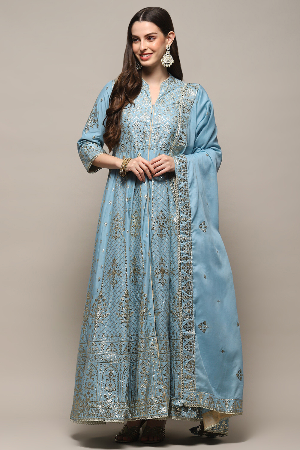 Pastel Blue Cotton Anarkali Kurta Sharara Suit Set image number 7