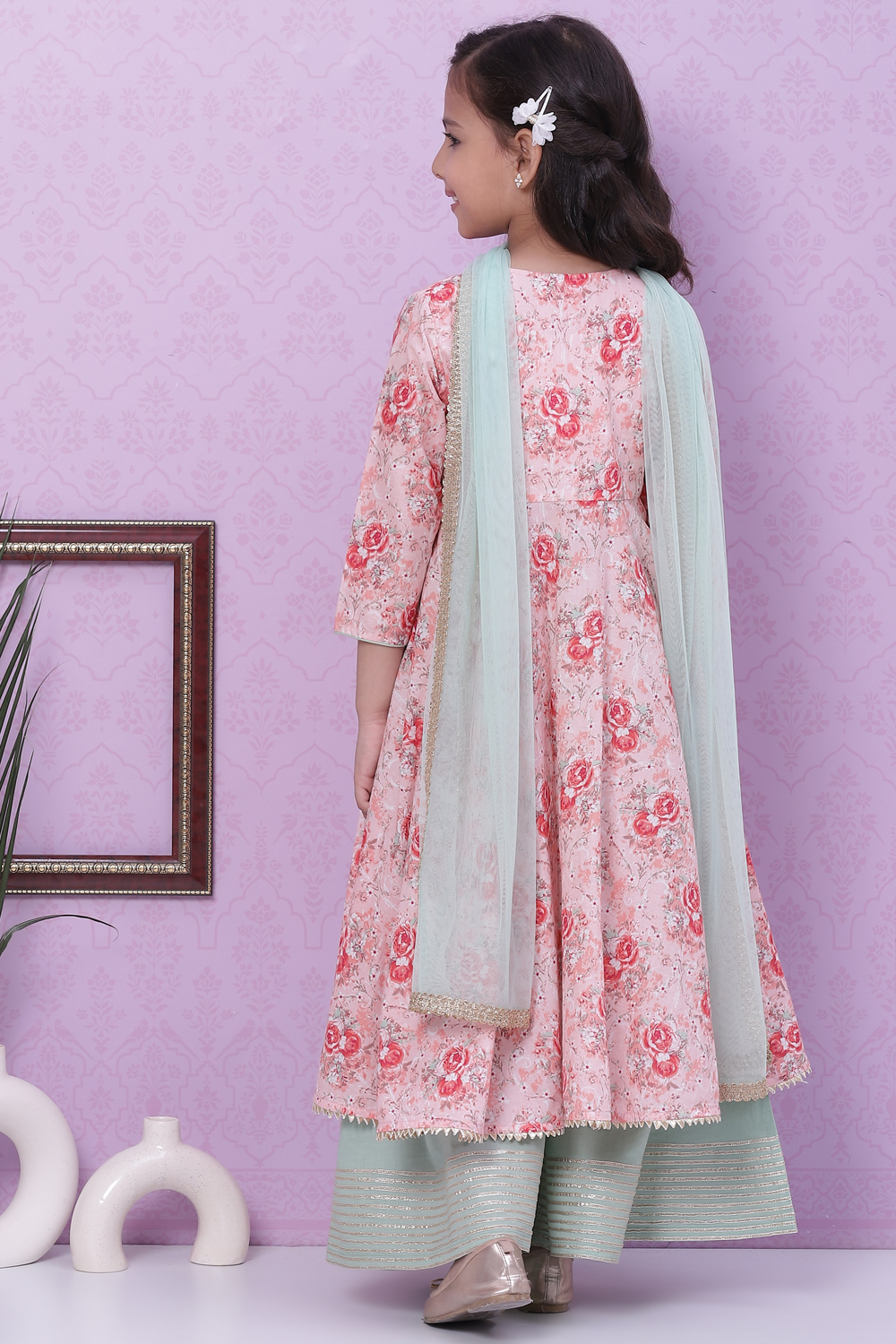 Pink Cotton Anarkali Straight Kurta Palazzo Suit Set image number 4