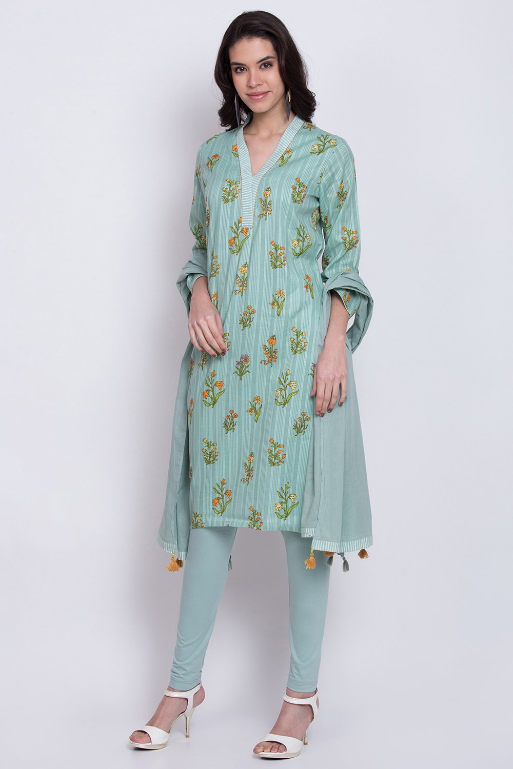 Turquoise Cotton A-Line Kurta Ankle Length Suit Set image number 2