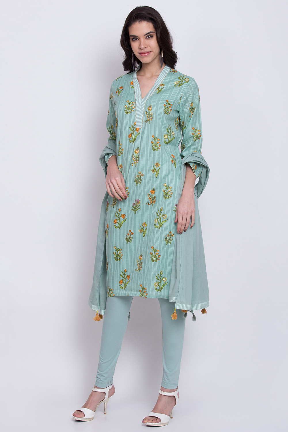 Turquoise Cotton A-Line Kurta Ankle Length Suit Set image number 2