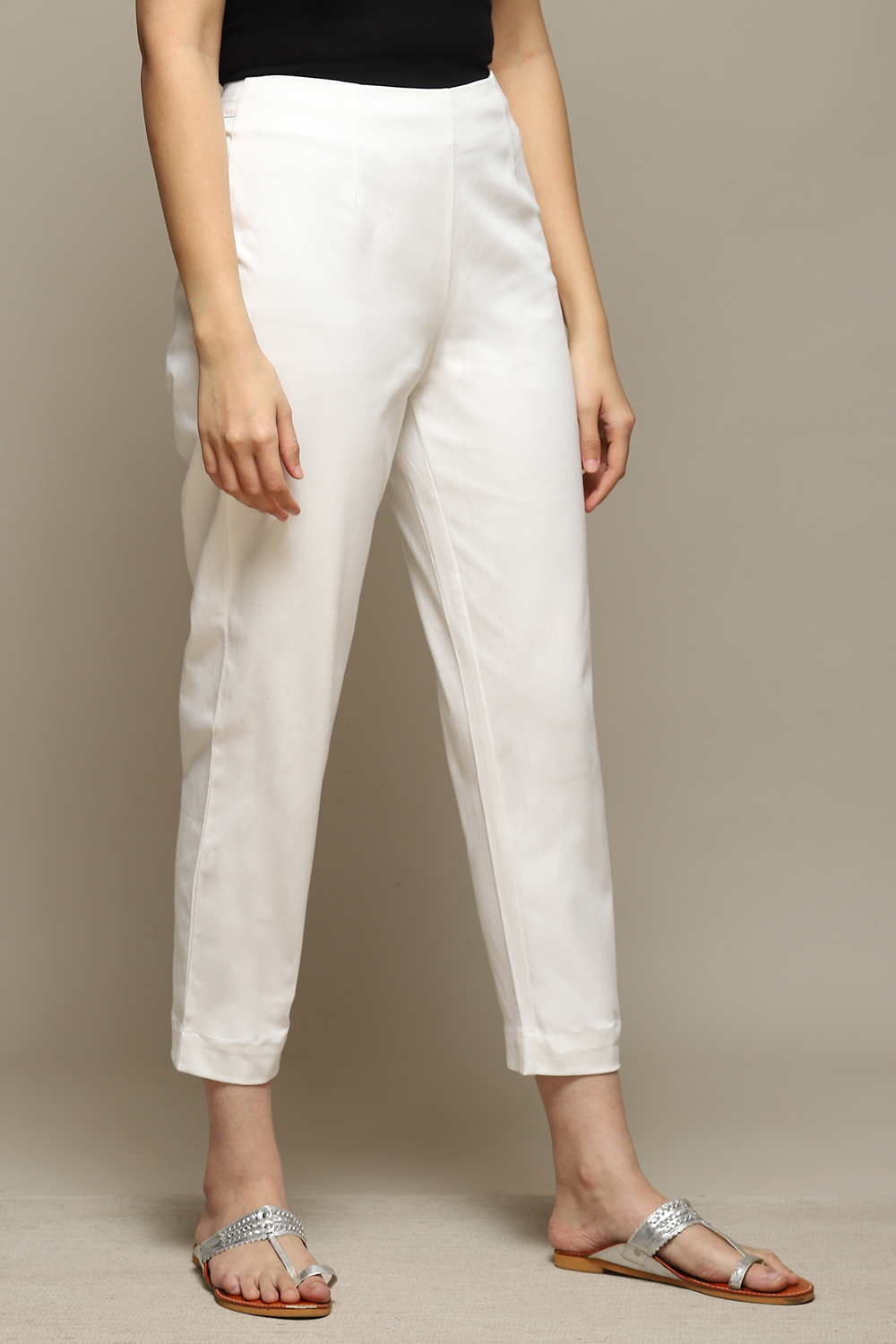 Off White Cotton Blend Narrow Pants image number 4