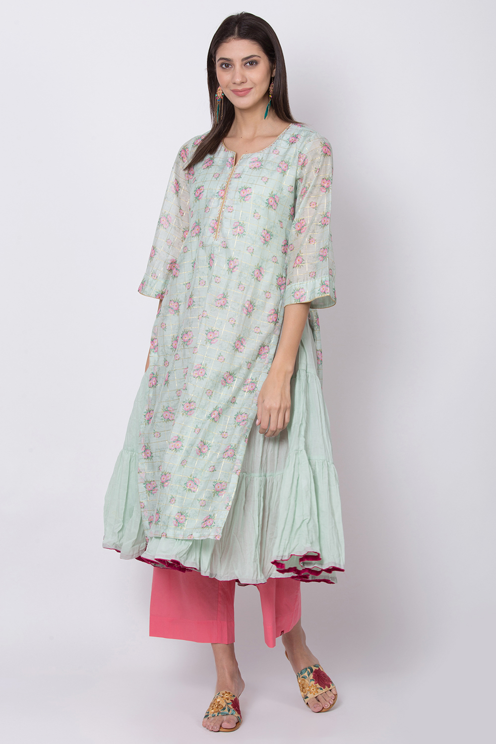 Mint Green Poly Metallic Cotton Flared Printed Kurta image number 2