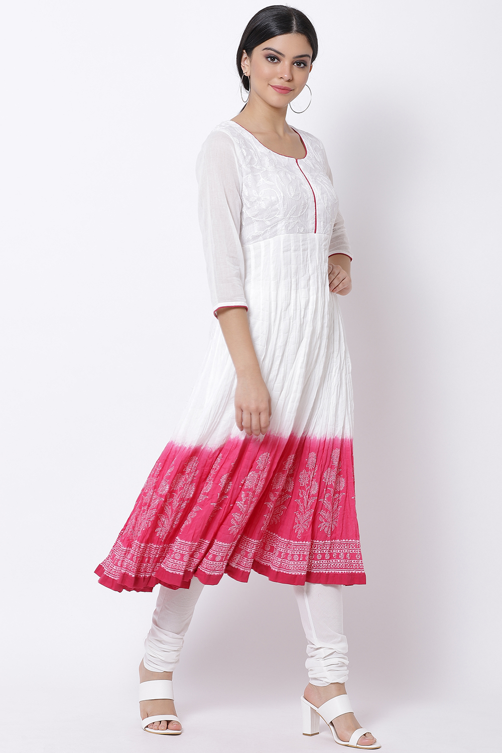 White And Blue Cotton Anarkali Kurta Churidar Suit Set image number 3