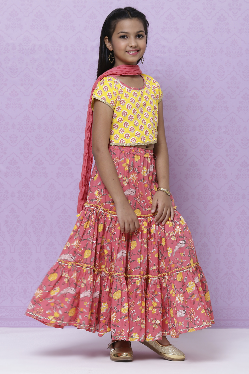 Yellow And Pink Cotton Girls Lehenga Set image number 5