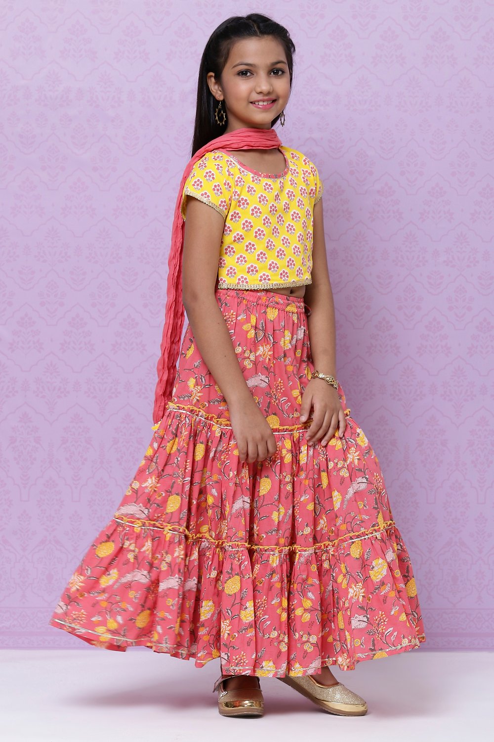 Yellow And Pink Cotton Girls Lehenga Set image number 5