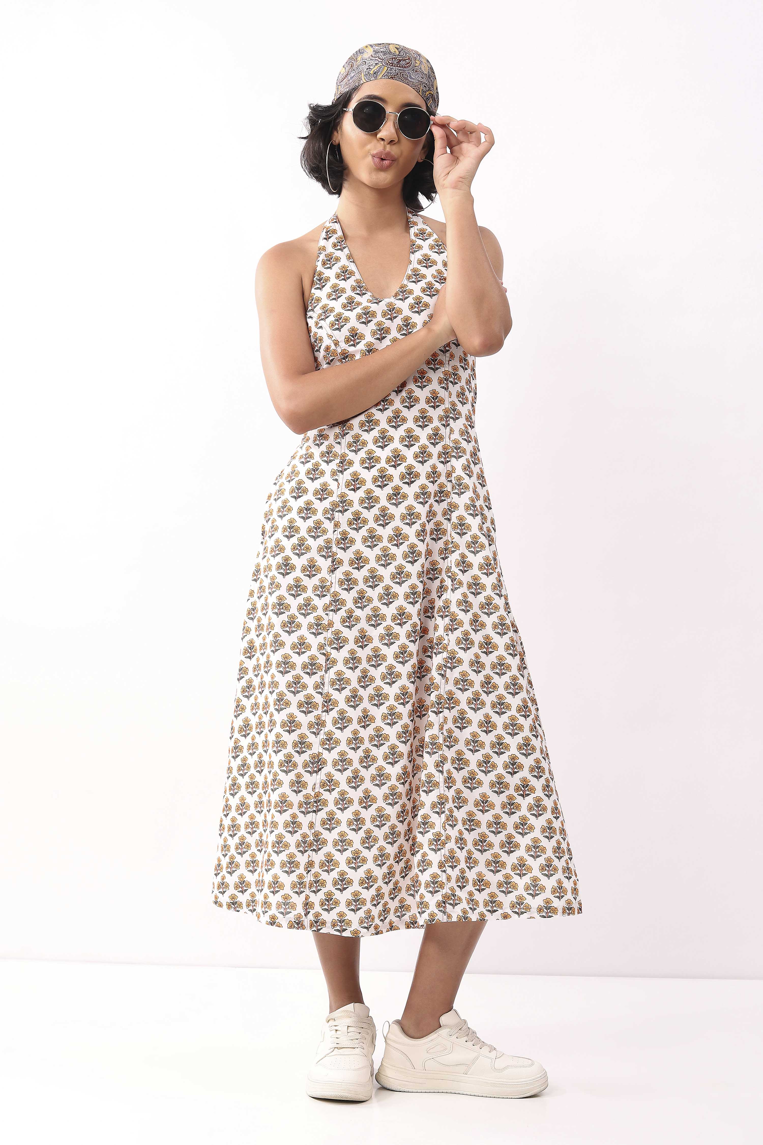 Ivory Cotton Printed A Line Dress image number 0