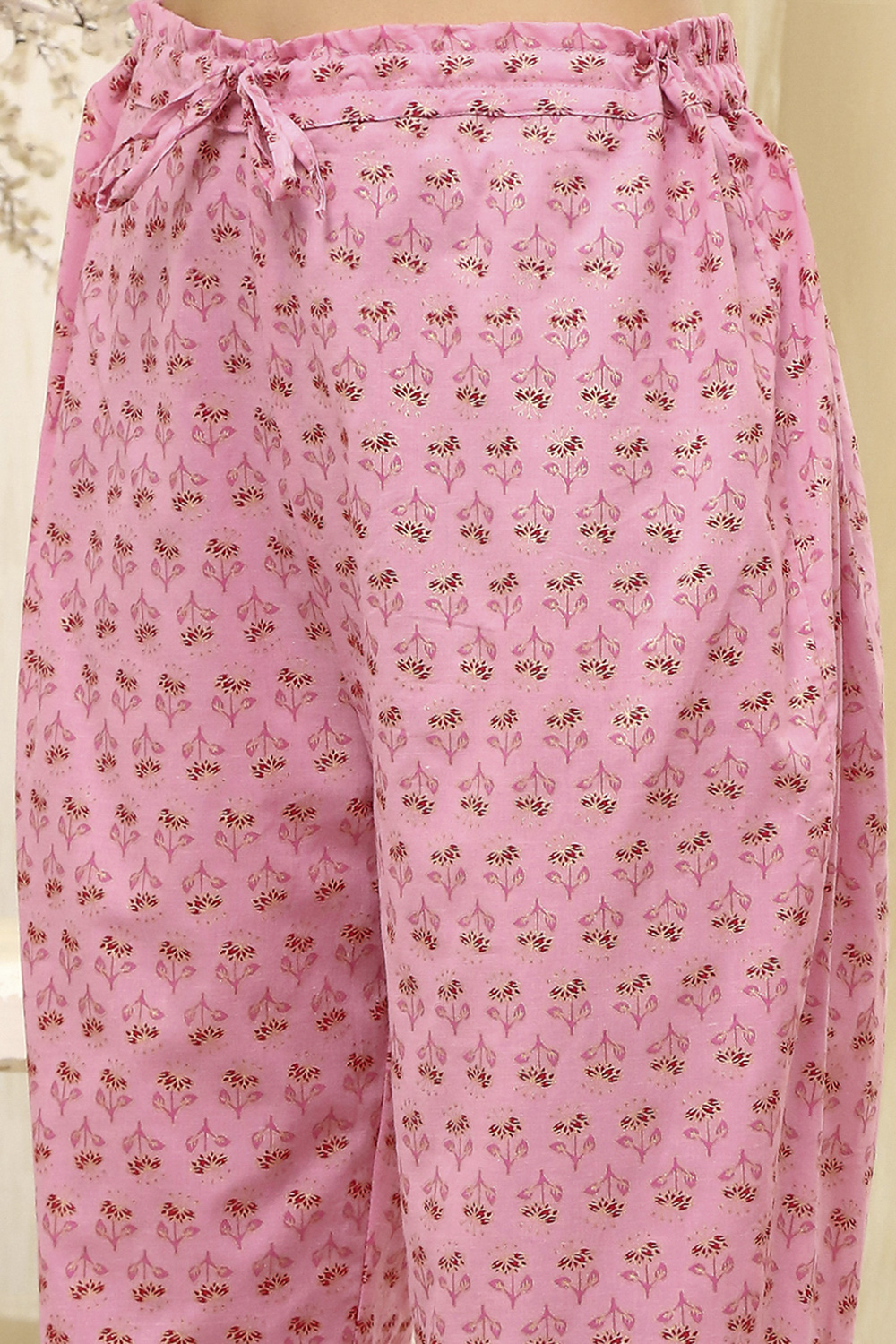 Pink Cotton Screen Print Unstitched Suit Set image number 3