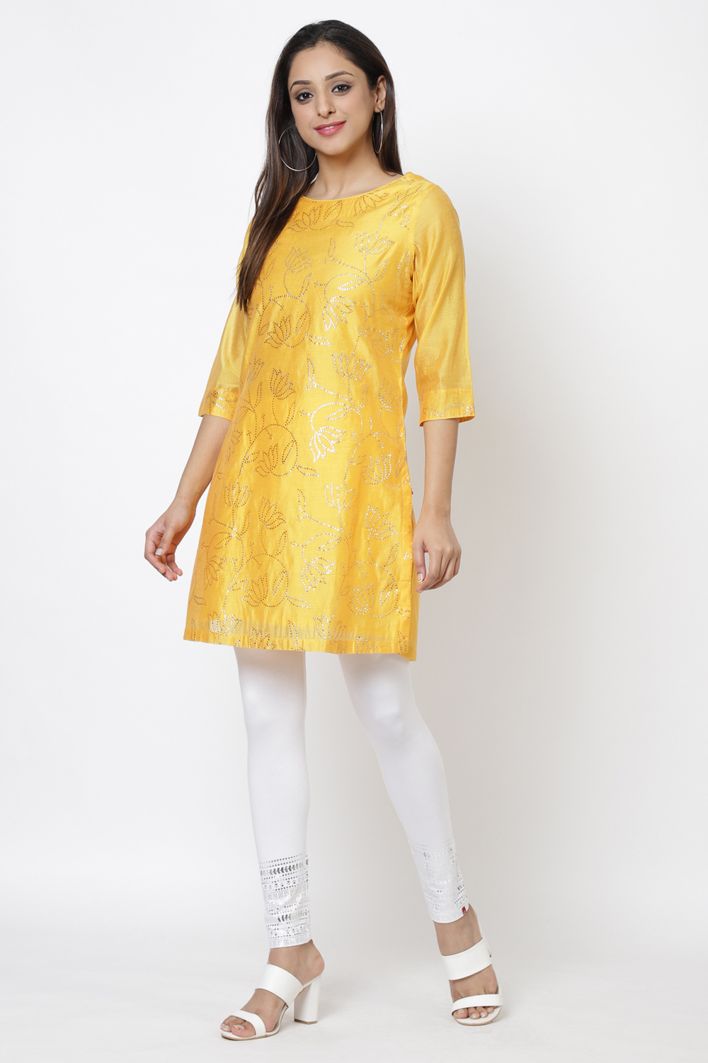 Yellow Poly Cotton Short Yarndyed Kurti image number 5