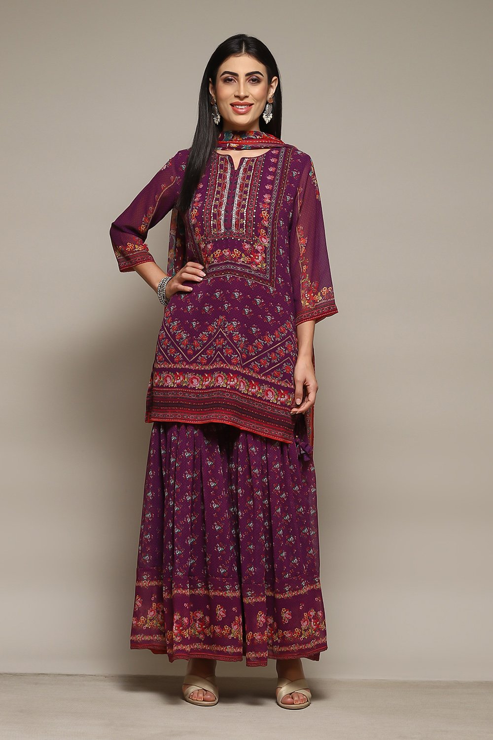 Purple Polyester Straight Printed Kurta Garara Suit Set image number 7